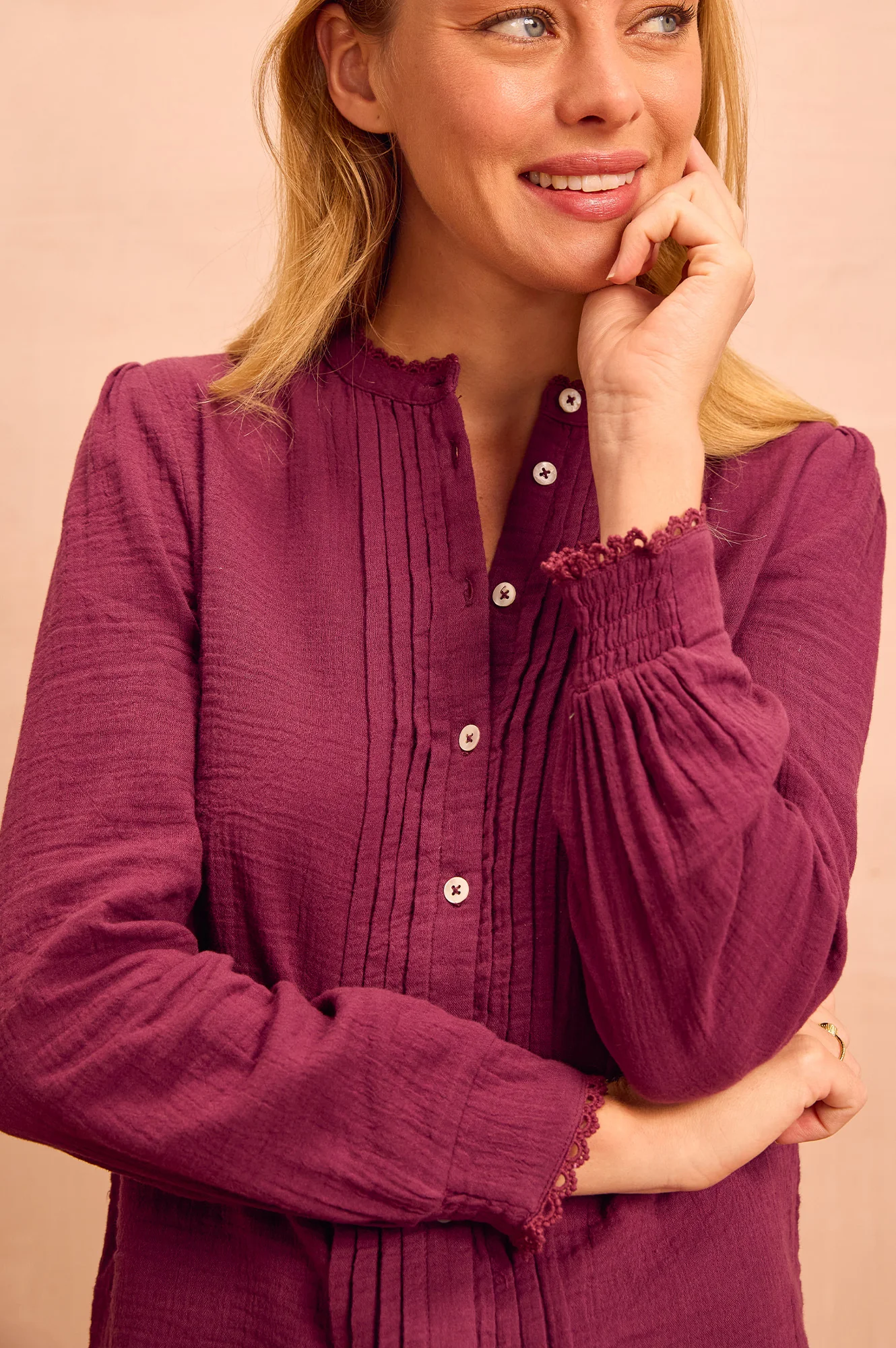 Holly Pin Tuck Organic Cotton Cheesecloth Long Sleeve Blouse | Berry