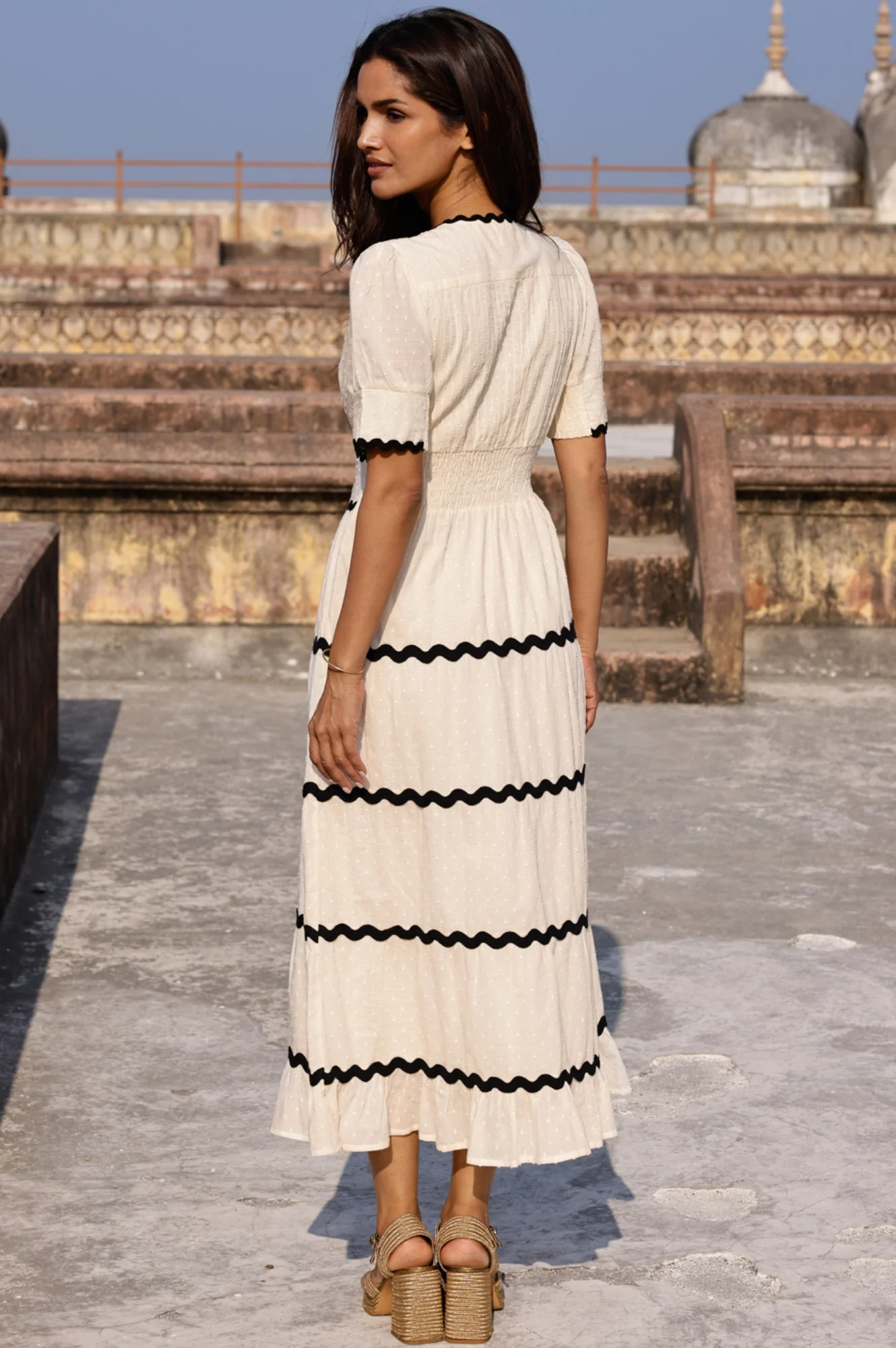 Viola Short Sleeve Organic Cotton Ric Rac Dress | Antique Cream/Black