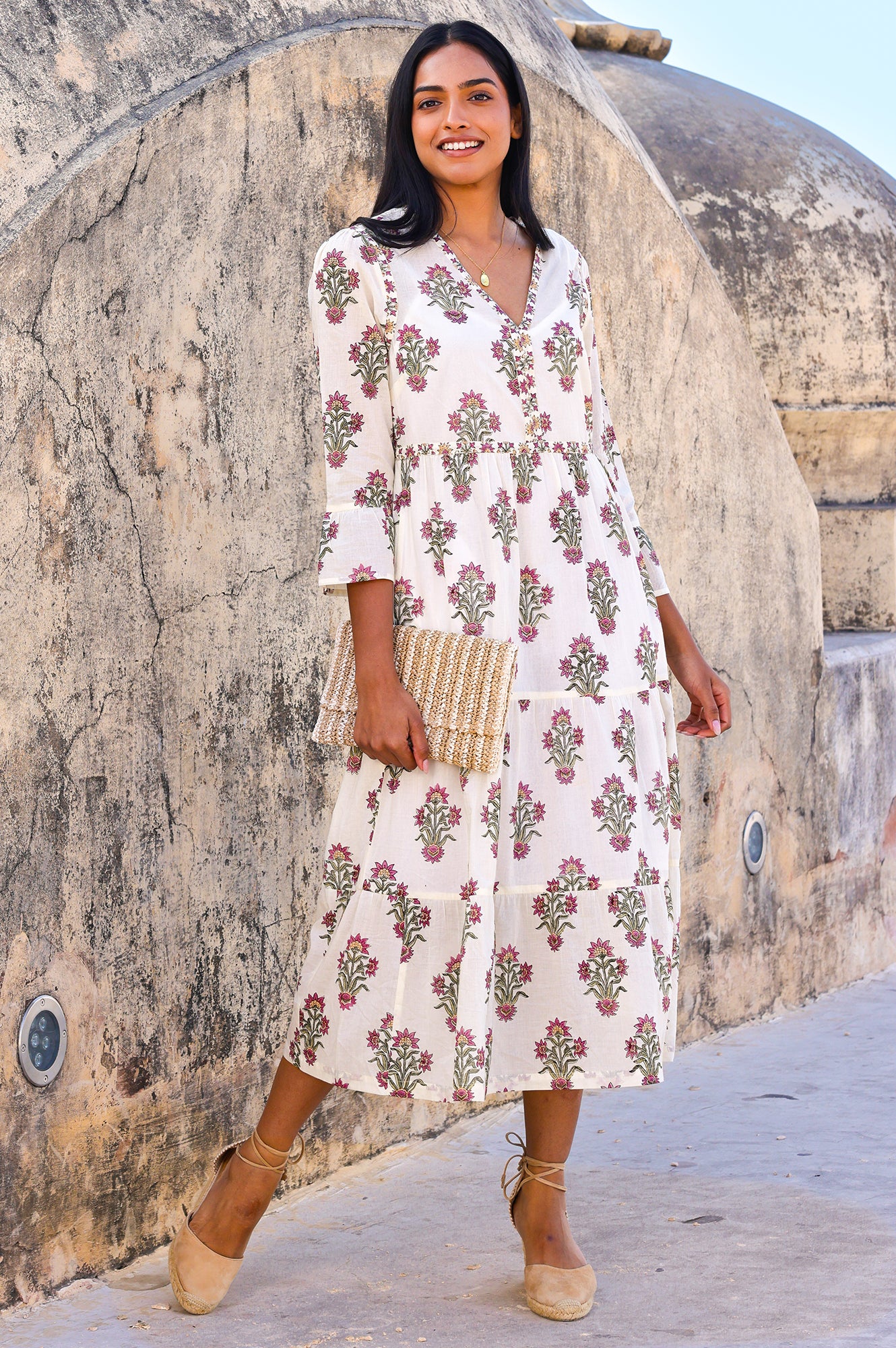 Hayden Organic Cotton Block Print Dress | Antique Wildflower Cream/Red/Green