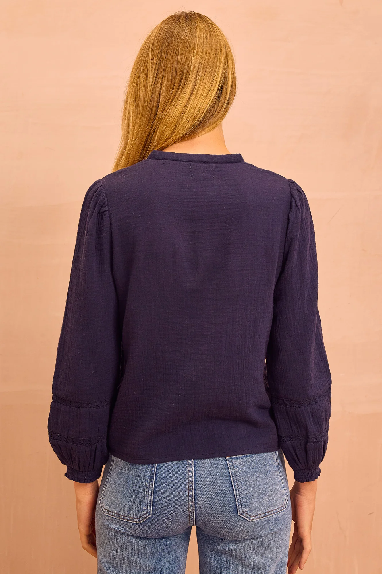 Chevron Lace Organic Cotton Cheesecloth Shirt | Navy