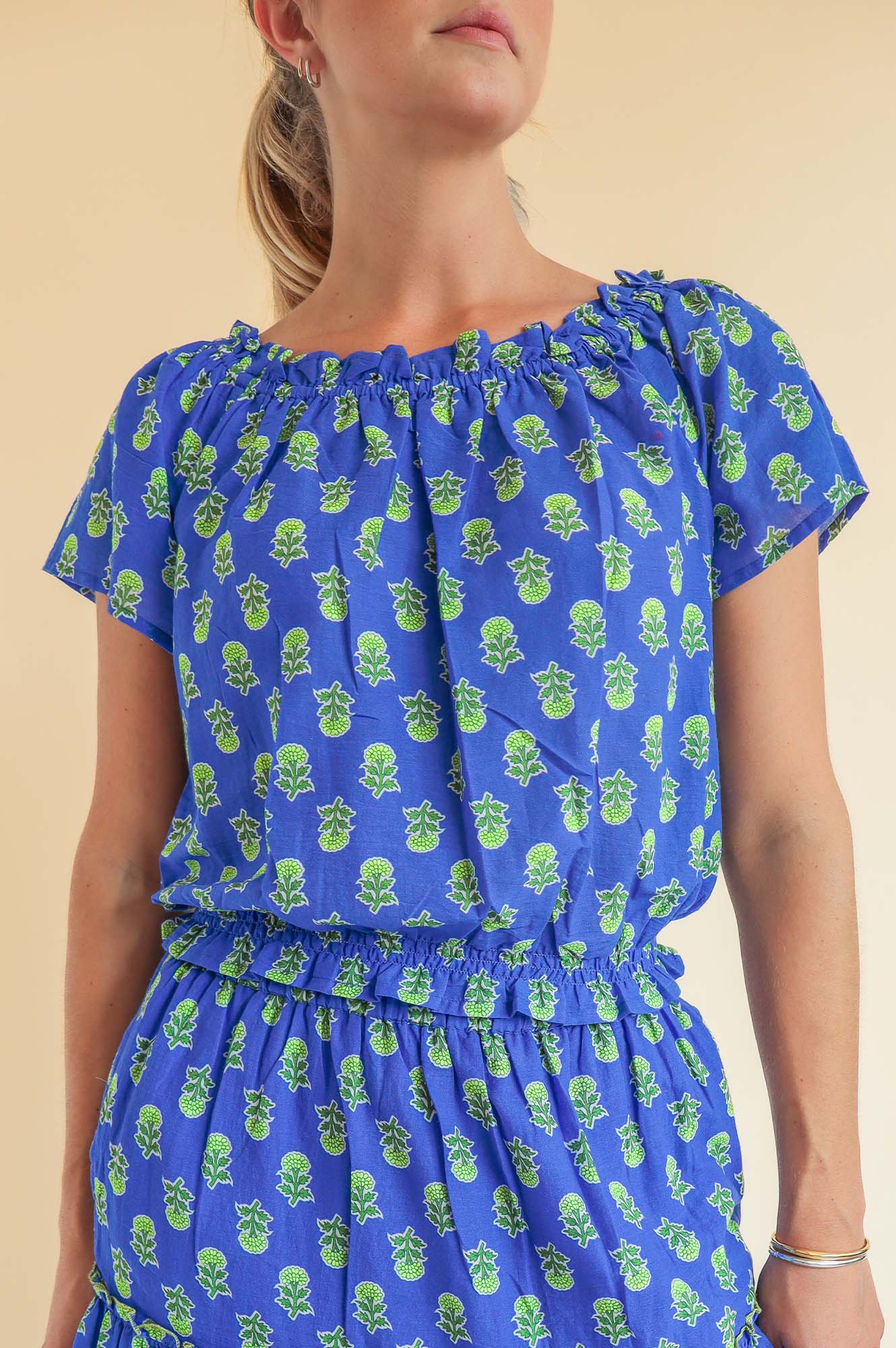 Ilana Printed Organic Cotton Top | Blue/Green