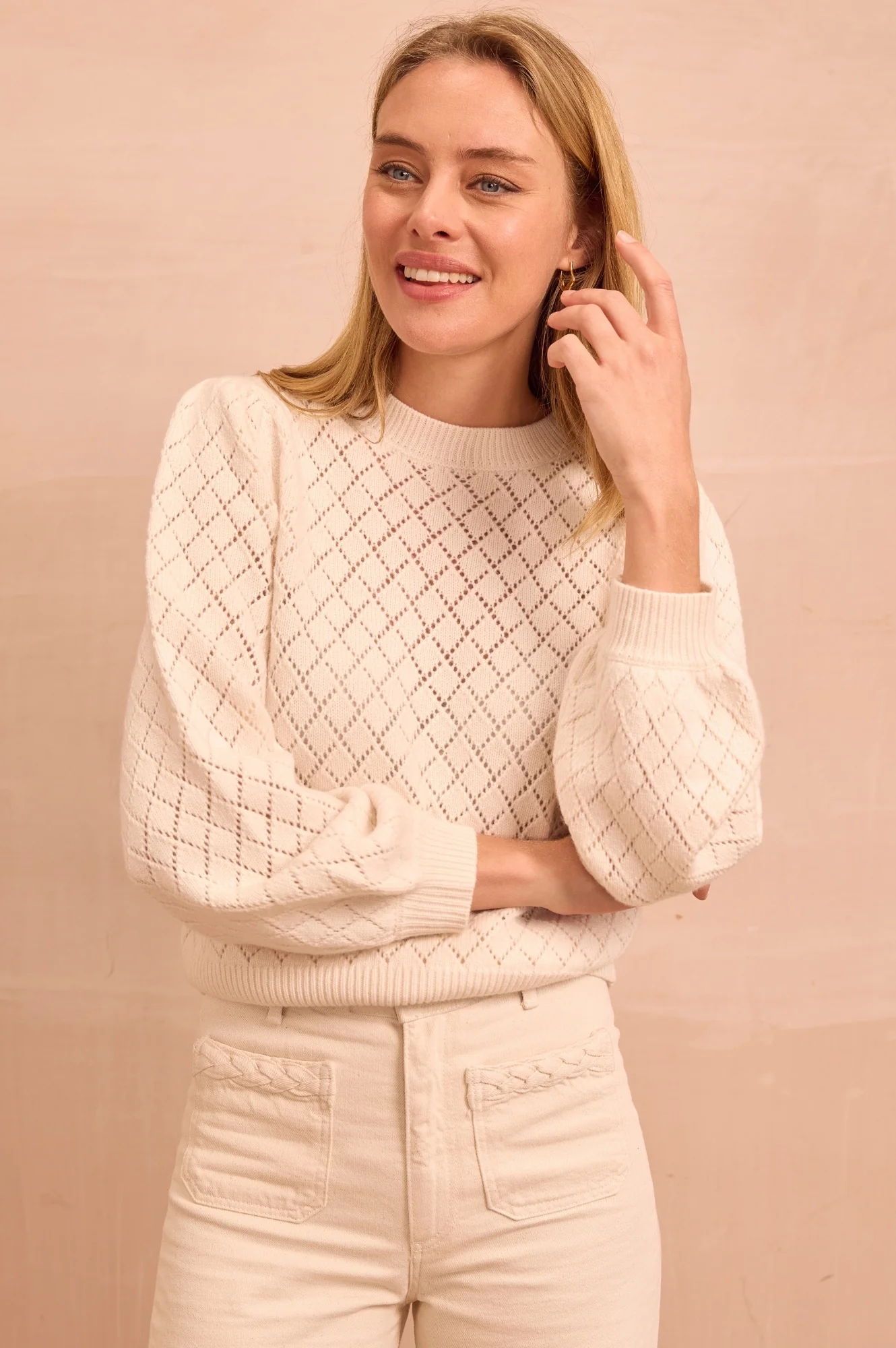 Pointelle Puff Shoulder Crew Neck Jumper | Ivory