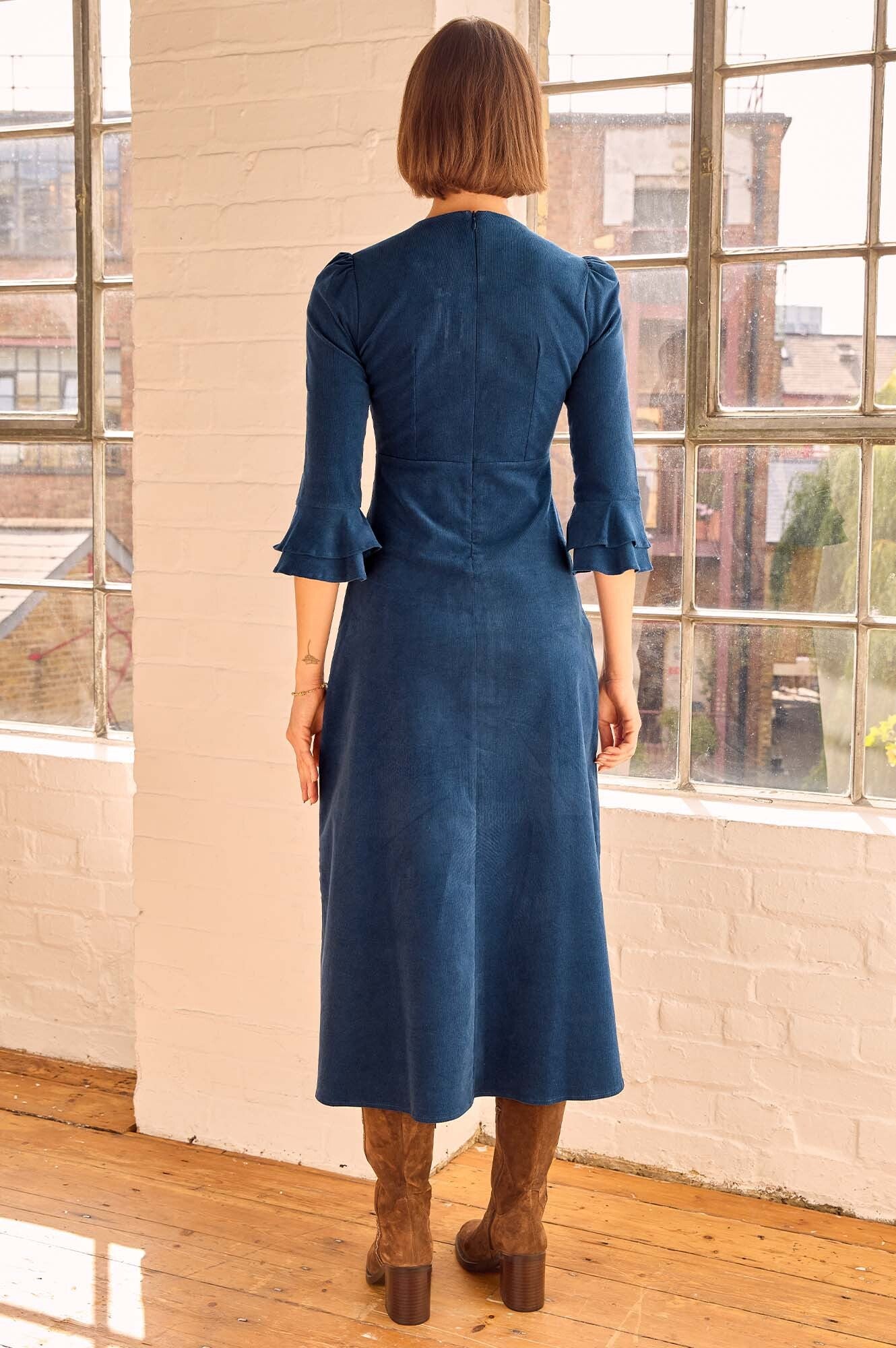 Jocelyn V-Neck 3/4 Sleeve Stretch Corduroy Dress | Peacock Blue