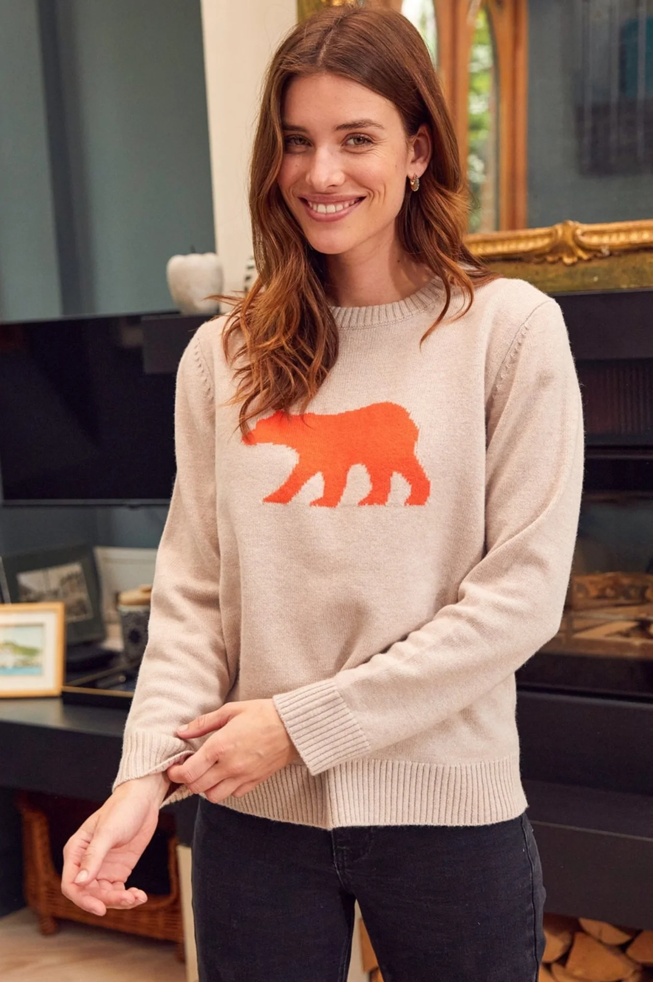 Merino Wool Polar Bear Jumper | Oat/Orange