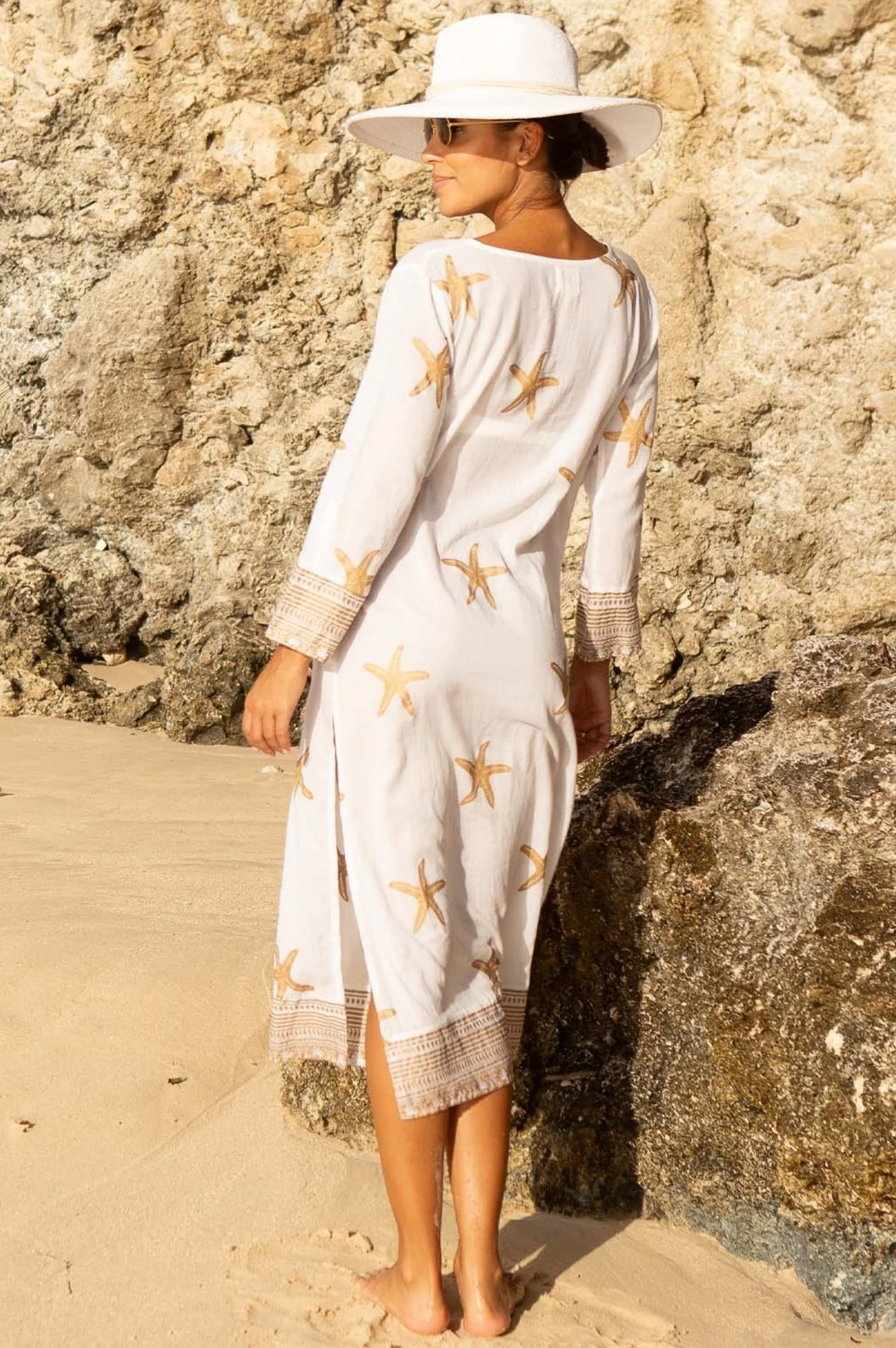 Guadalupe Maxi Organic Cotton Tunic | Starfish White/Gold