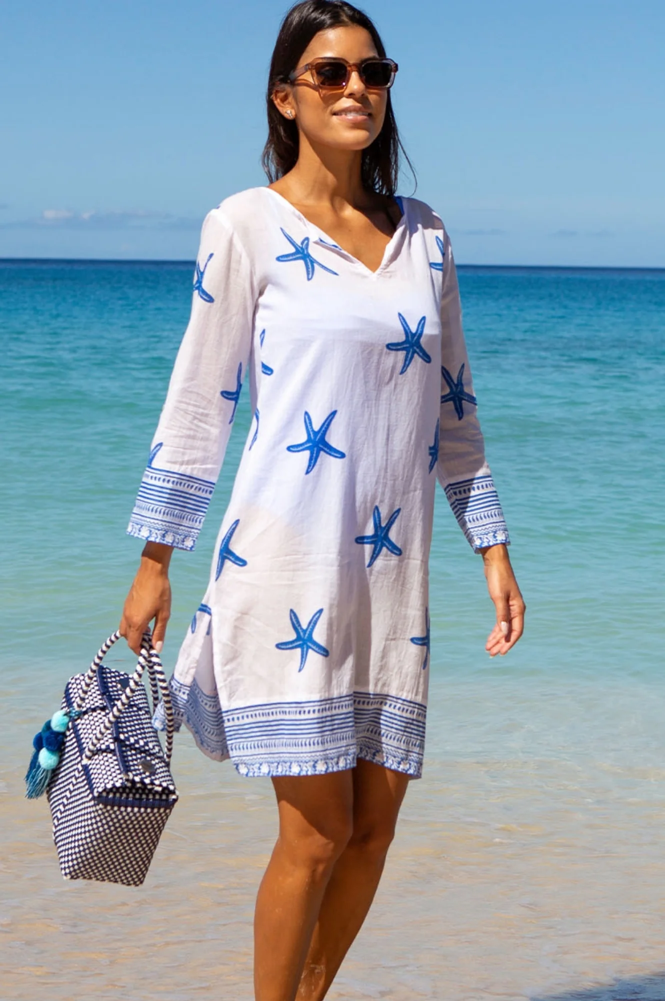 Guadalupe Short Organic Cotton Tunic | Starfish White/Cobalt