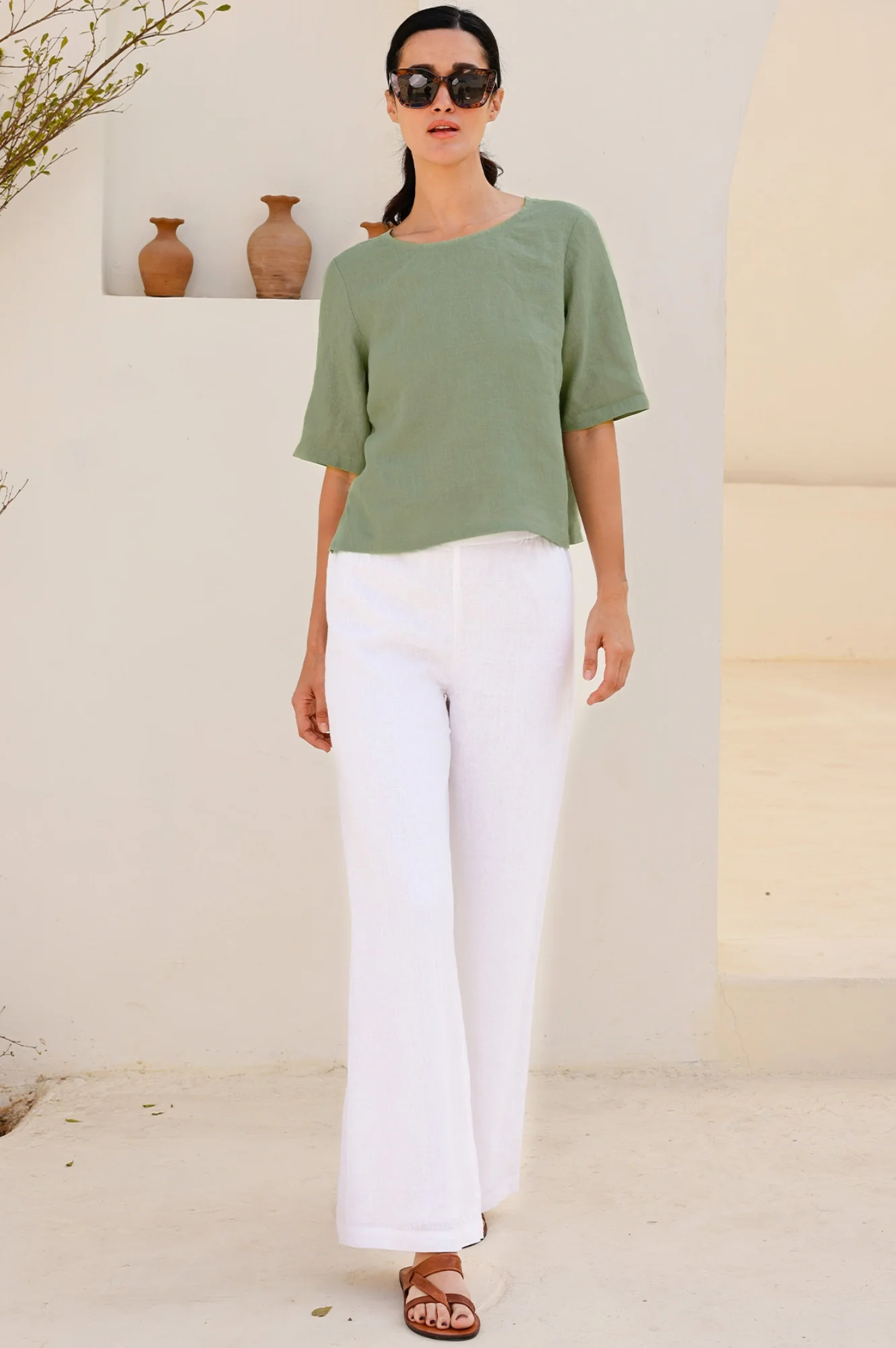Wide Leg Linen Trousers | White