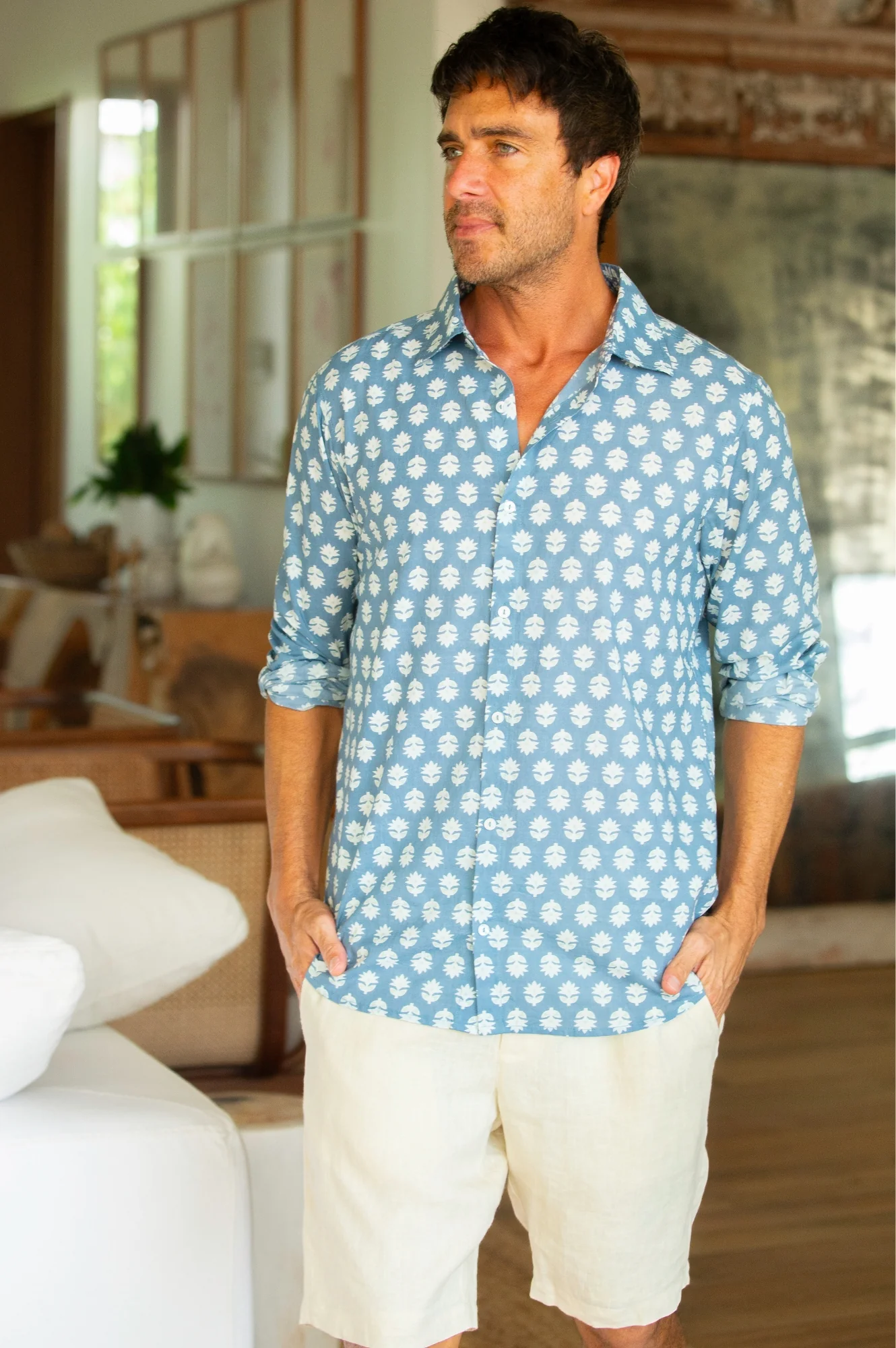 Men's Organic Cotton Shirt | Mini Sunflower Grey/Mint