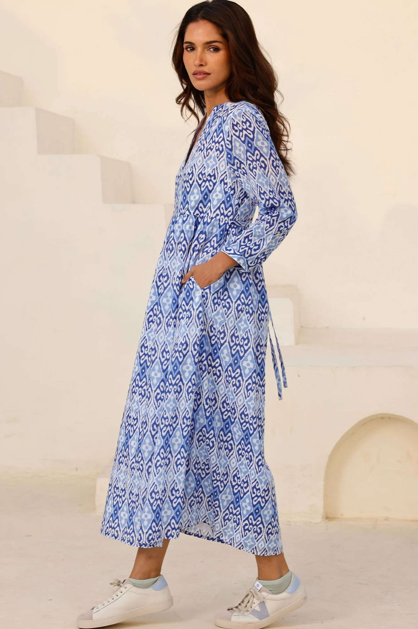 Mara Organic Cotton Dress | Mara Ikat White/Blue