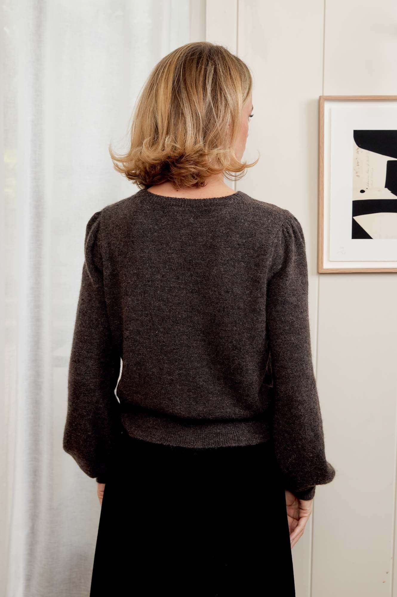 Alpaca Blend Puff Sleeve Cardigan | Chocolate