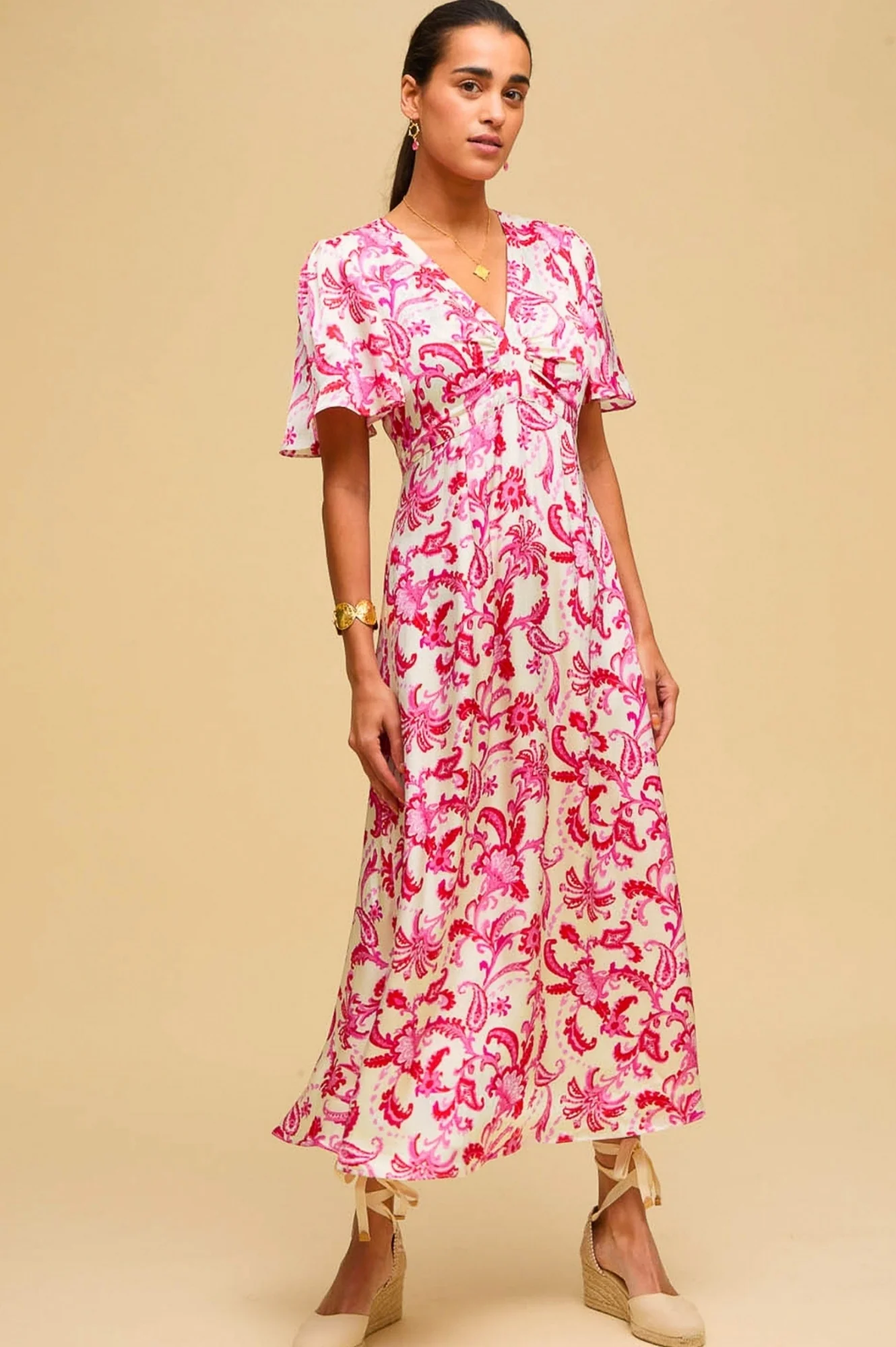 Anais Hammered Satin Dress | Paisley Floral Cream/Red/Pink