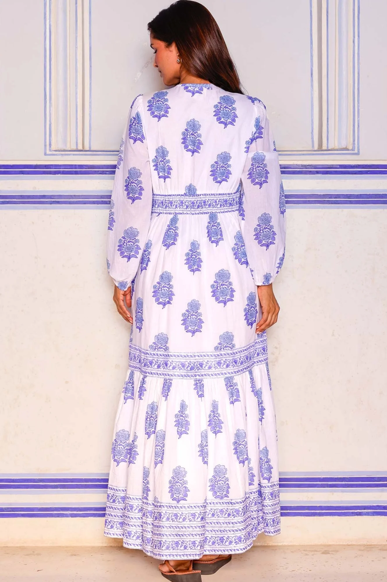 Pippa Long Sleeve Block Print Dress | Pansy Buta Blue