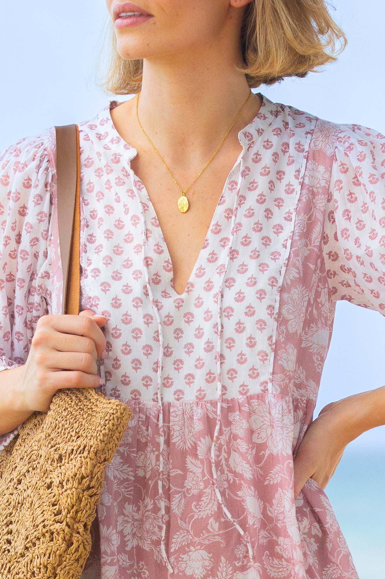 Marina Organic Cotton Print Mix Dress | Blossom Print Dusty Pink/White