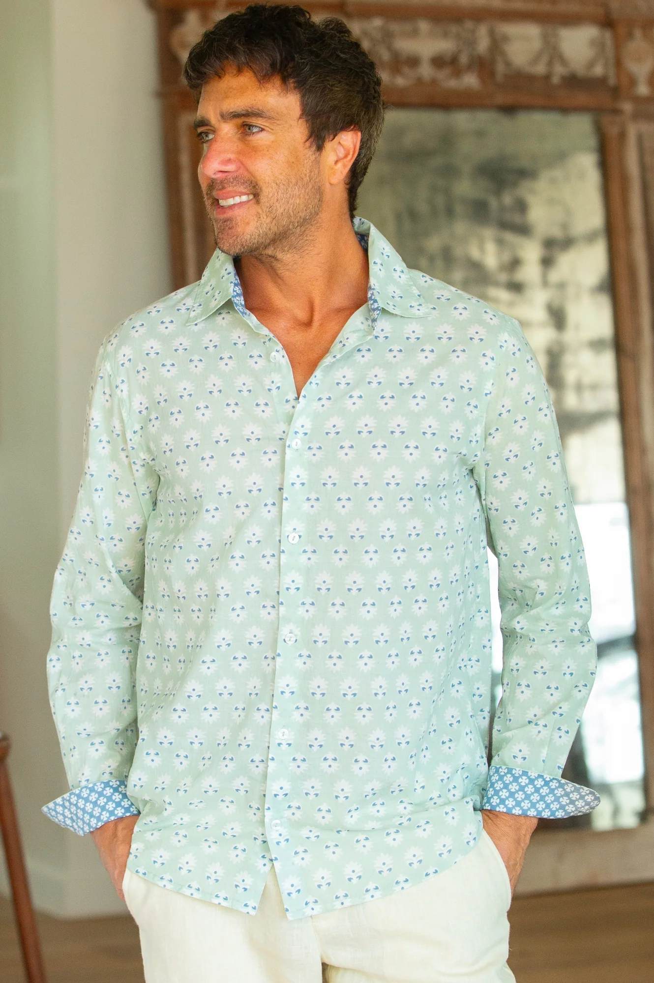 Men's Organic Cotton Shirt | Mini Sunflower Mint/White