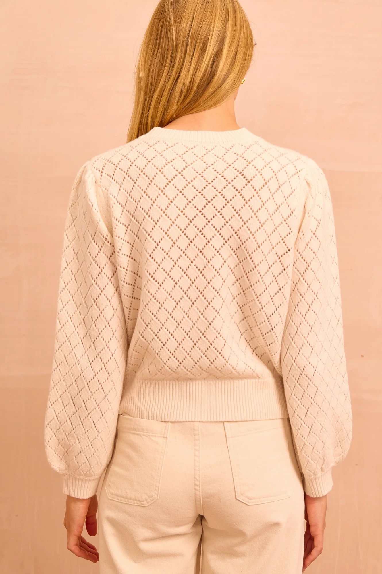Pointelle Puff Shoulder Crew Neck Jumper | Ivory