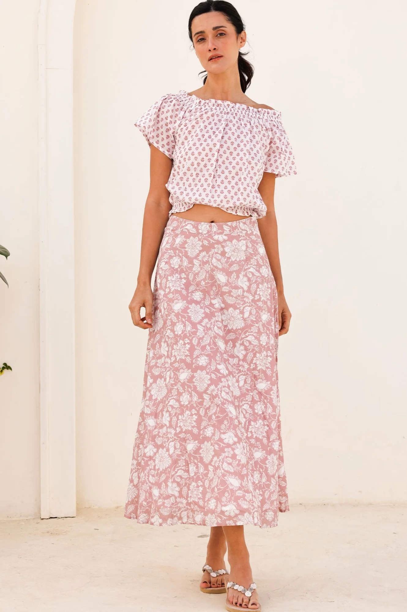 Ilana Printed Organic Cotton Top | Lixus Flower White/Dusty Pink