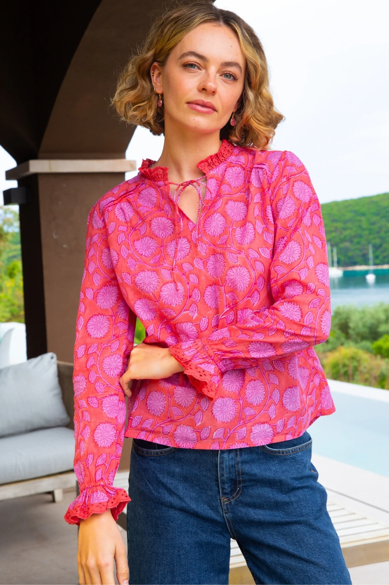 Rosie Organic Cotton Block Print Blouse | Lotus Red/Pink