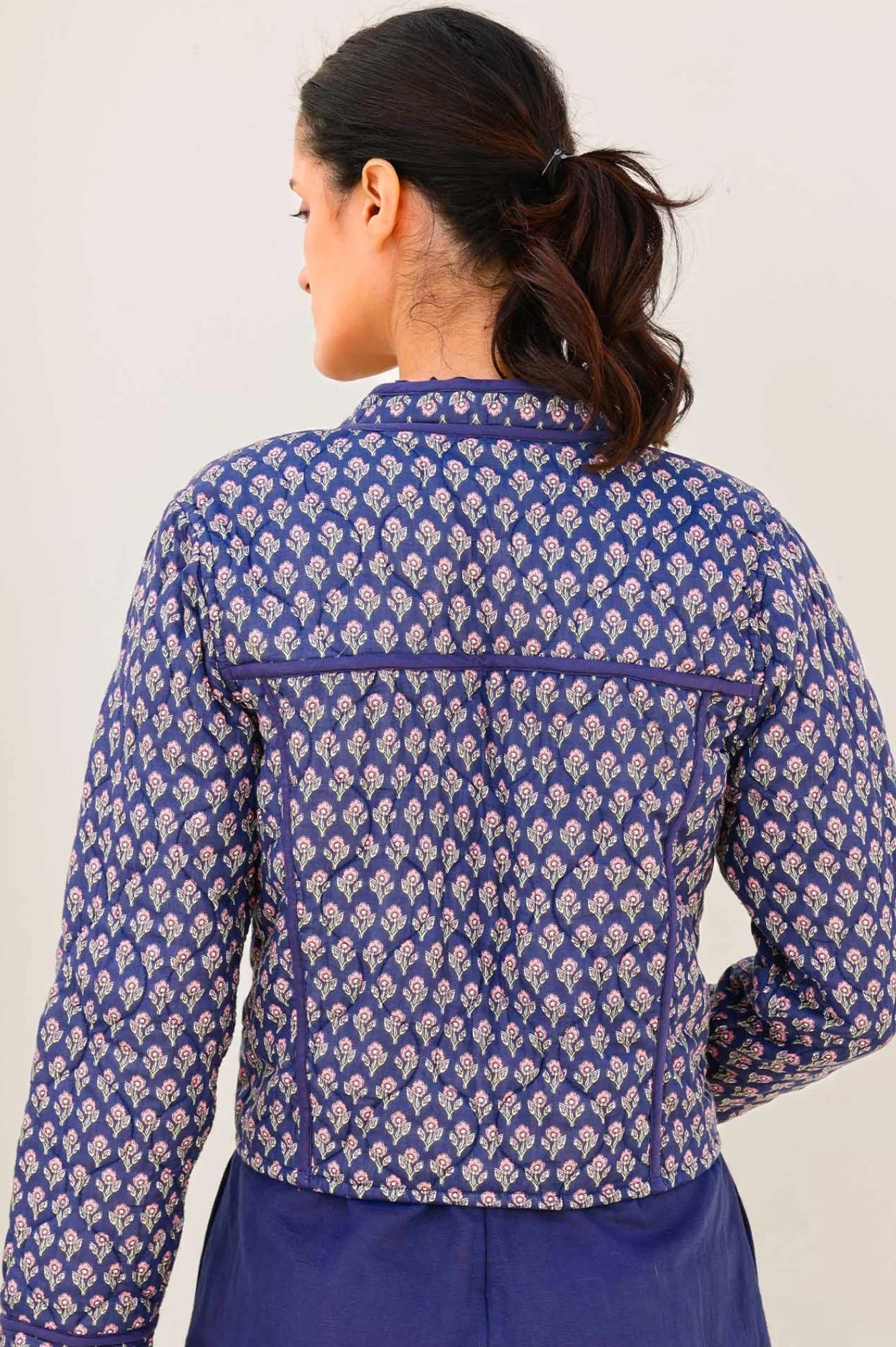 Polly Quilted Jacket | Primrose Stamp Navy/Pink