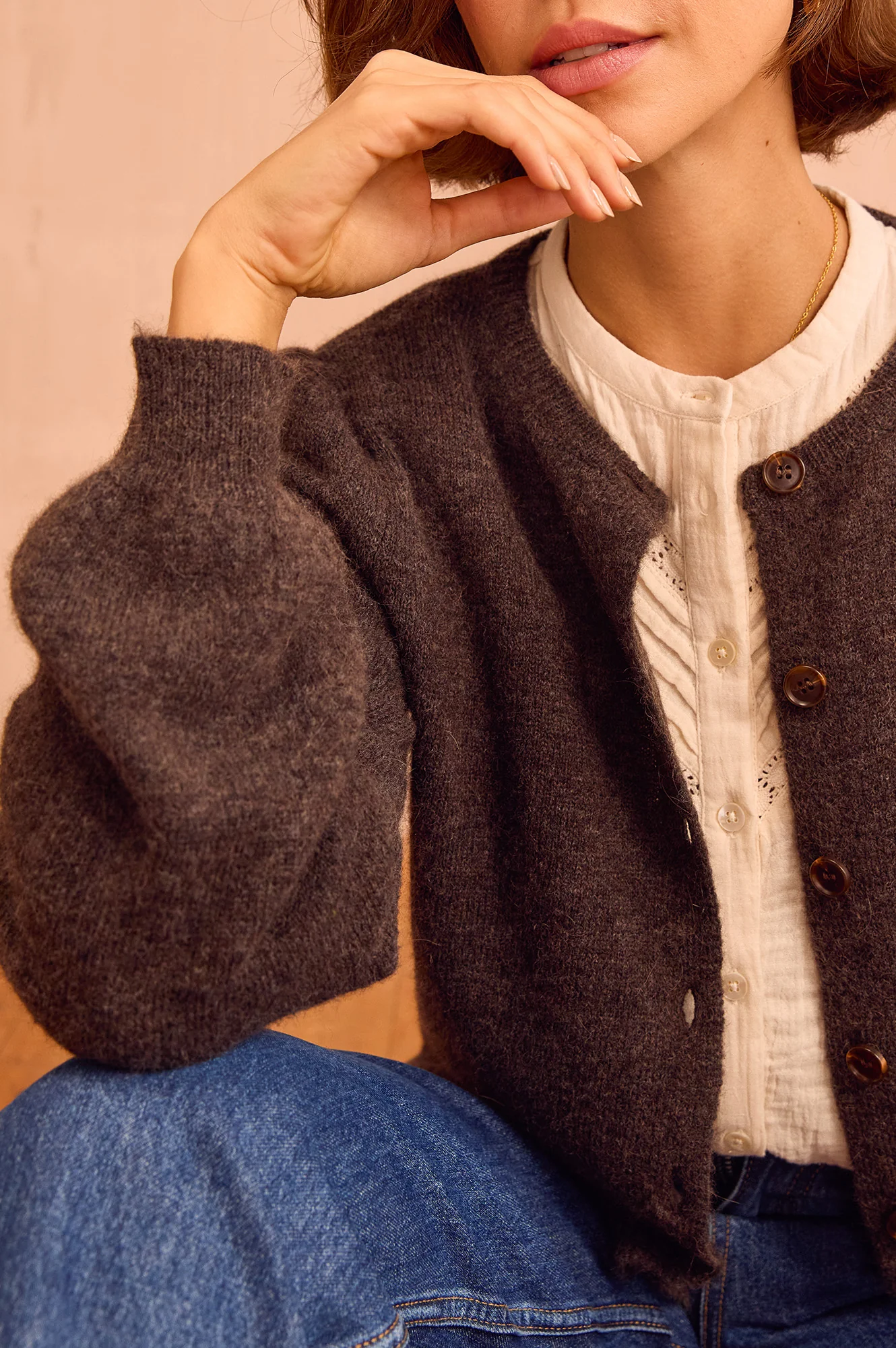 Alpaca Blend Puff Sleeve Cardigan | Chocolate