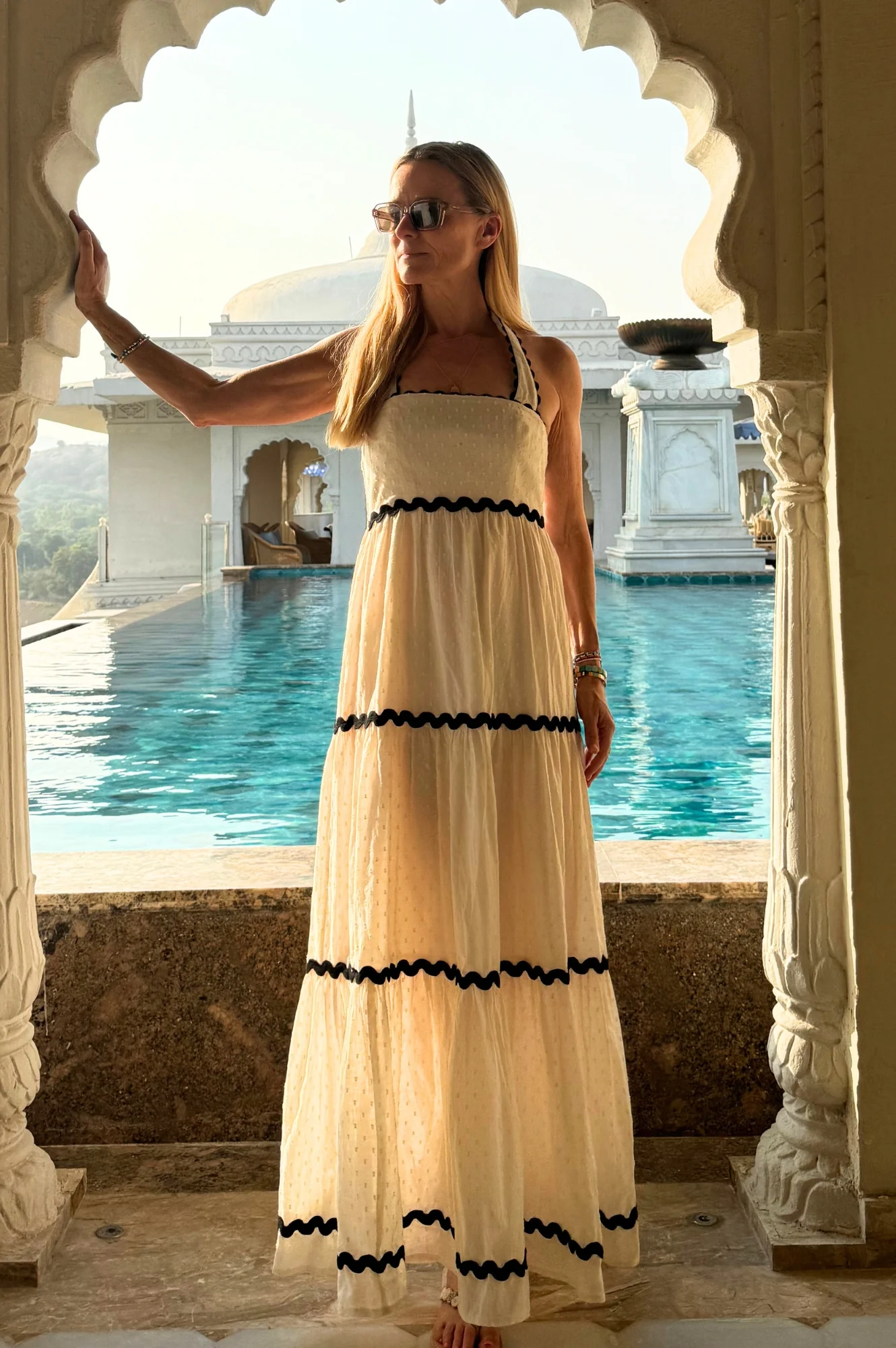 Tabitha Organic Cotton Dobby Ric Rac Dress | Antique Cream/Black