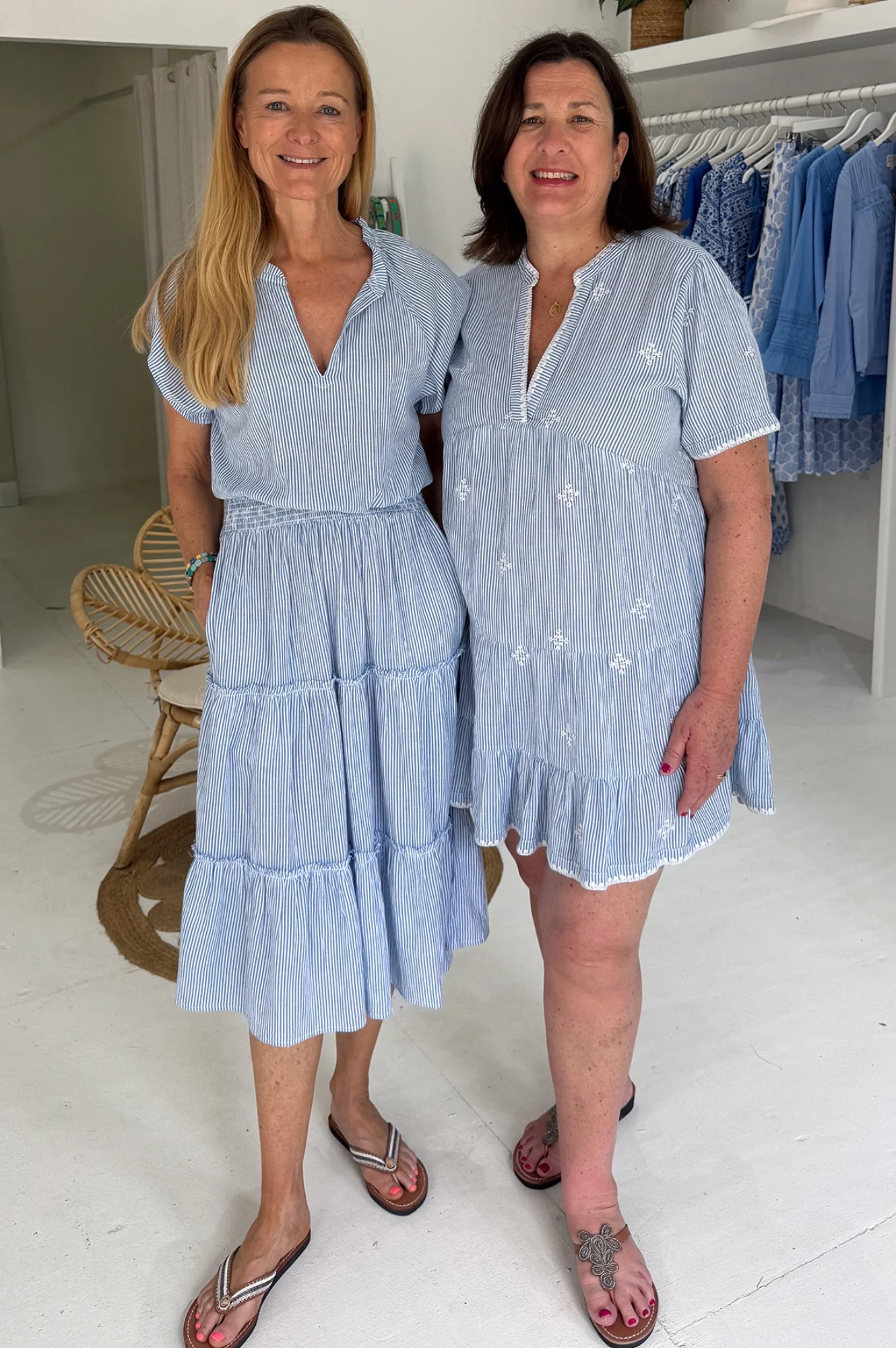 India Embroidered Organic Cotton Dress | Stripe Blue/White