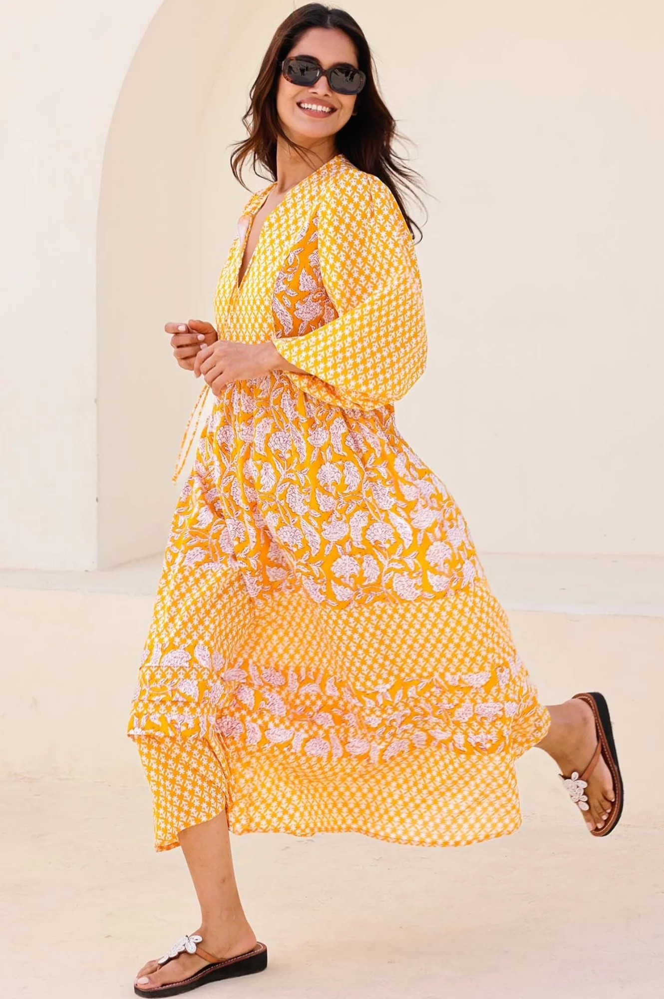 Martha Organic Cotton Mix Print Dress | Dianthus Print Yellow/White