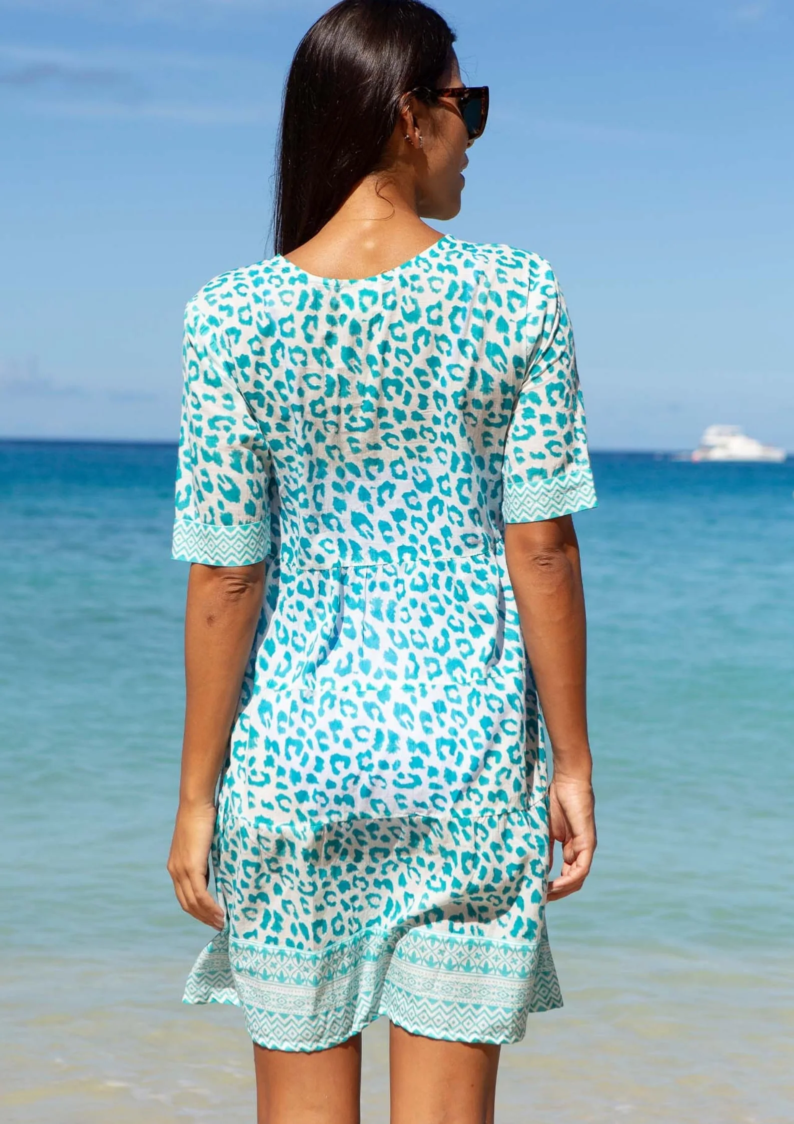 Santorini Cotton Kaftan | Soft Cheetah White/Turquoise