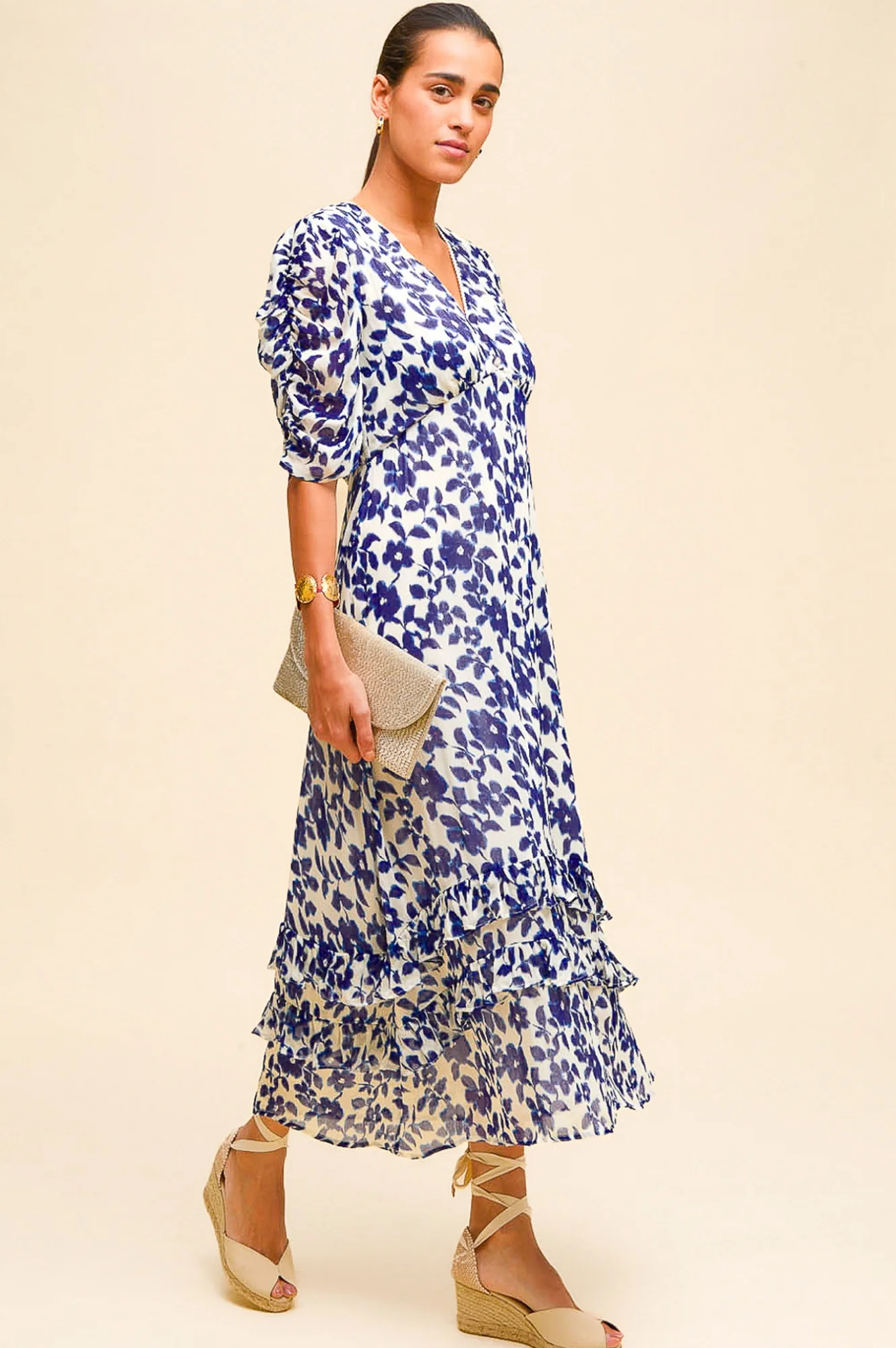 Ellery Viscose Wedding Guest Dress | Blossom Cream/Navy