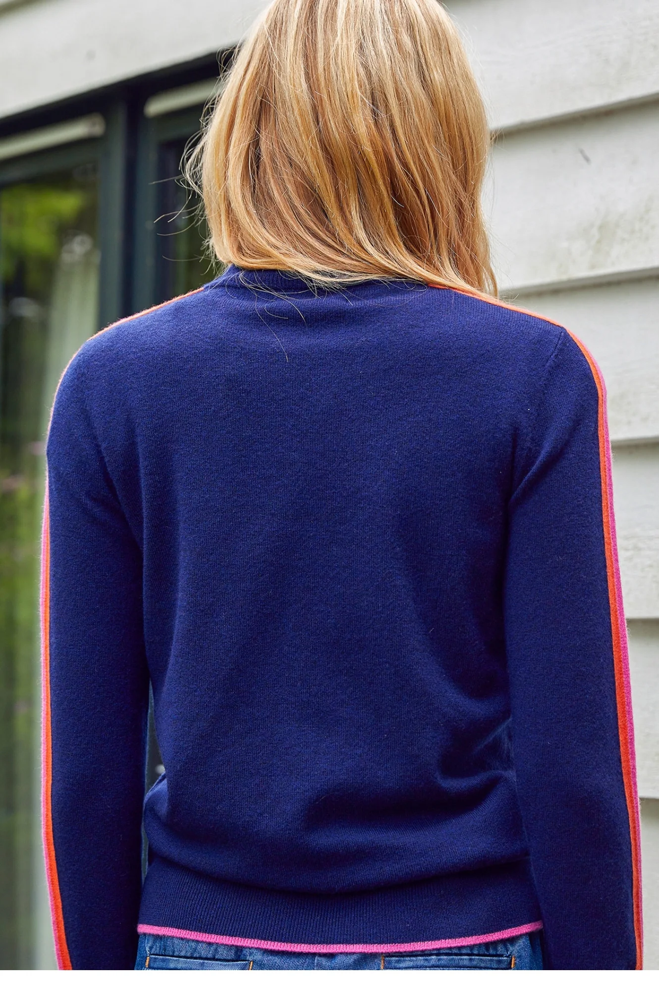 Merino Wool Overarm Stripe Quarter Zip Jumper | Navy/Pink/Orange