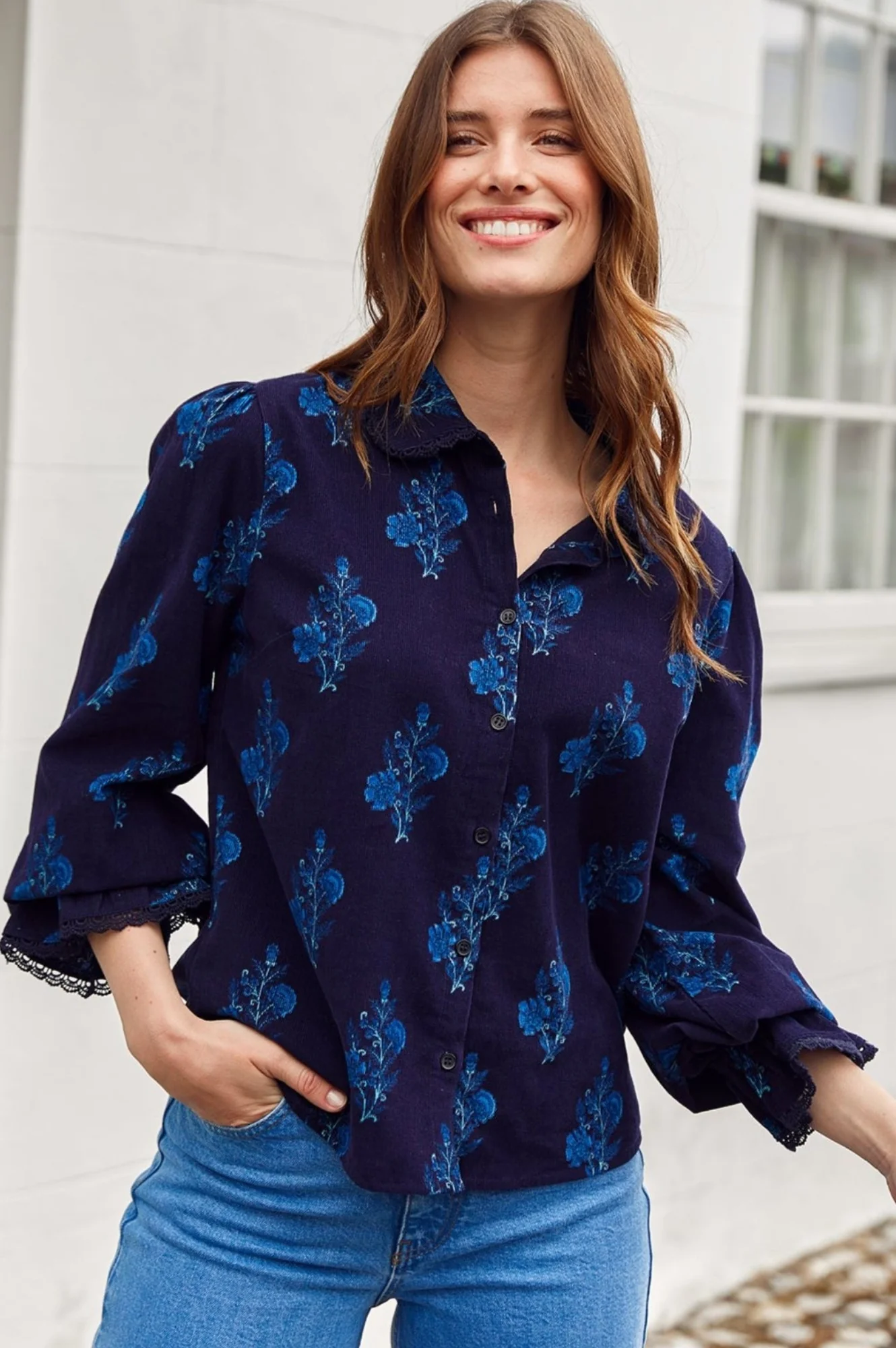 Amaya Corduroy Blouse | Flower Print Navy