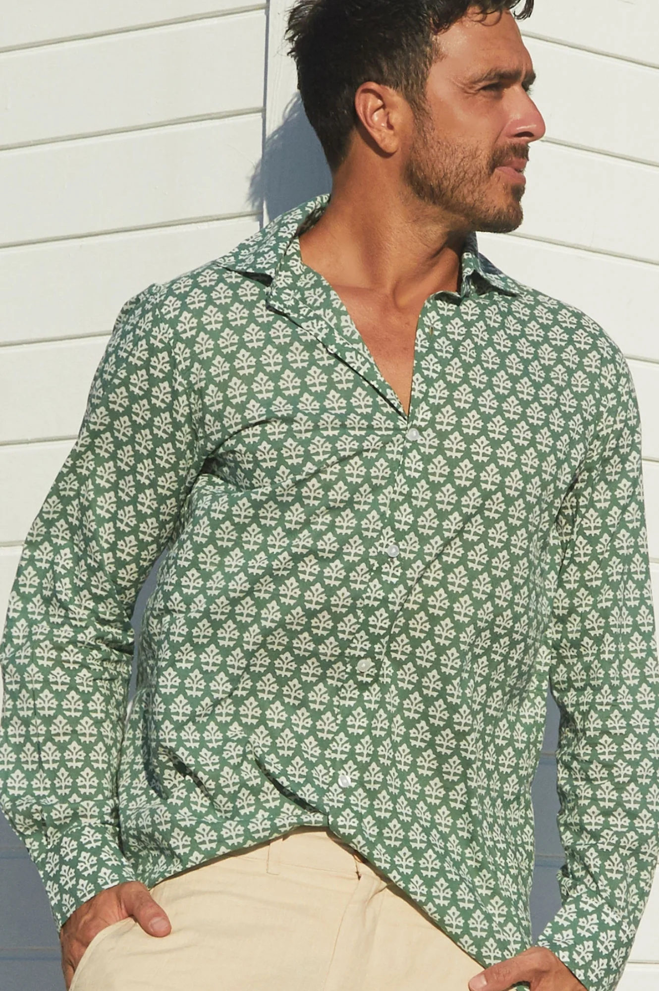 Men's Printed Cotton Shirt | Batik Khaki