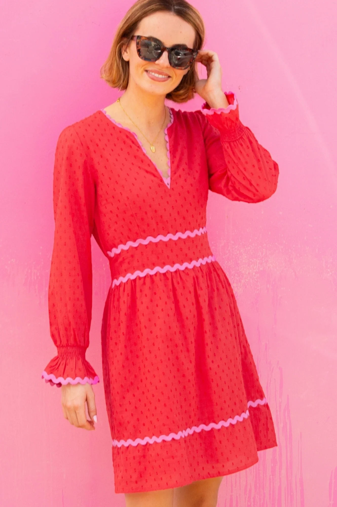 Short Purdie Organic Cotton Ric Rac Dobby Dress | Red/Pink