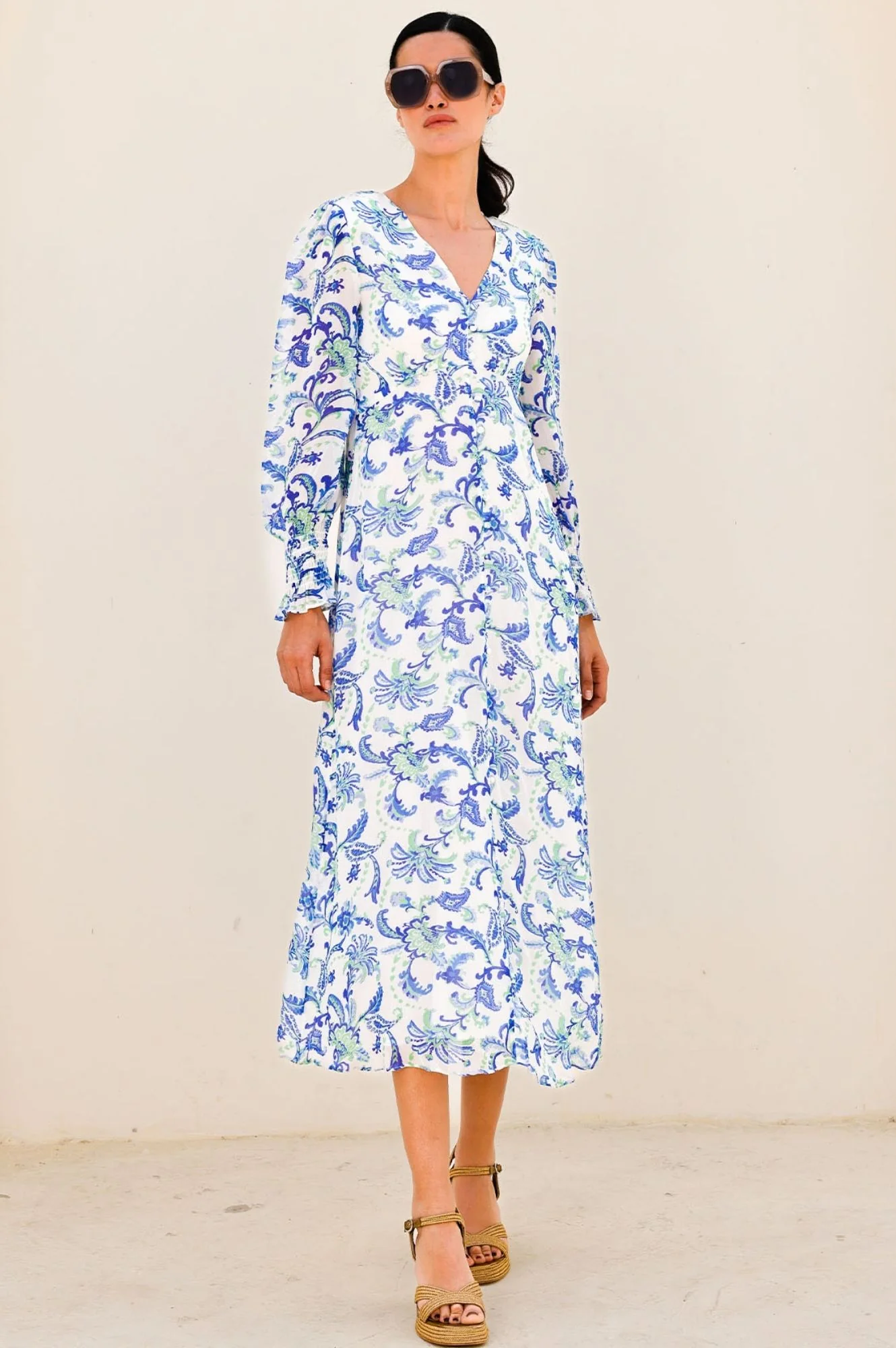 Long Sleeve Sally Anne Dress | Paisley Floral Green/Blue