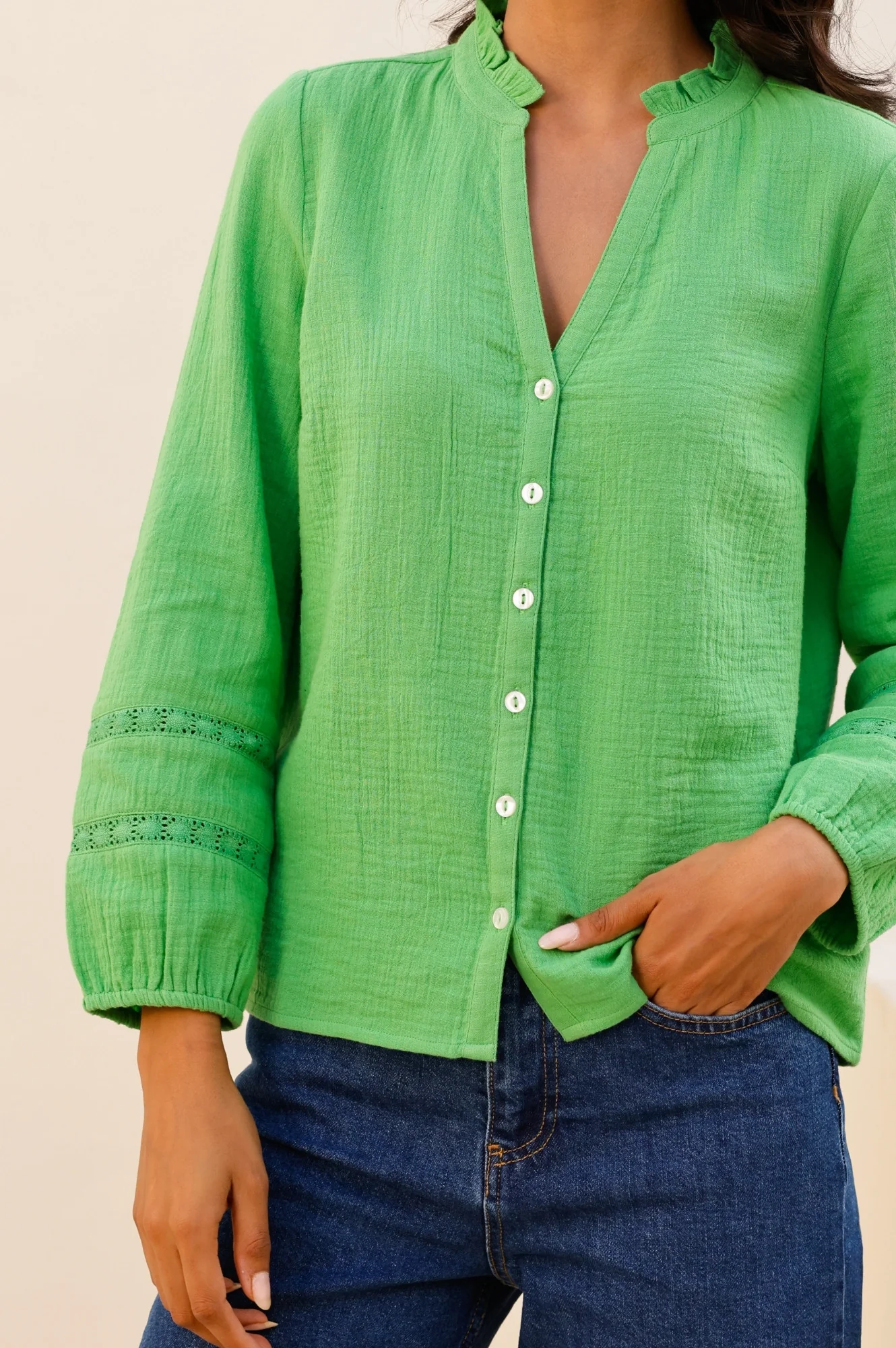 Mina Organic Cotton Cheesecloth Blouse | Green