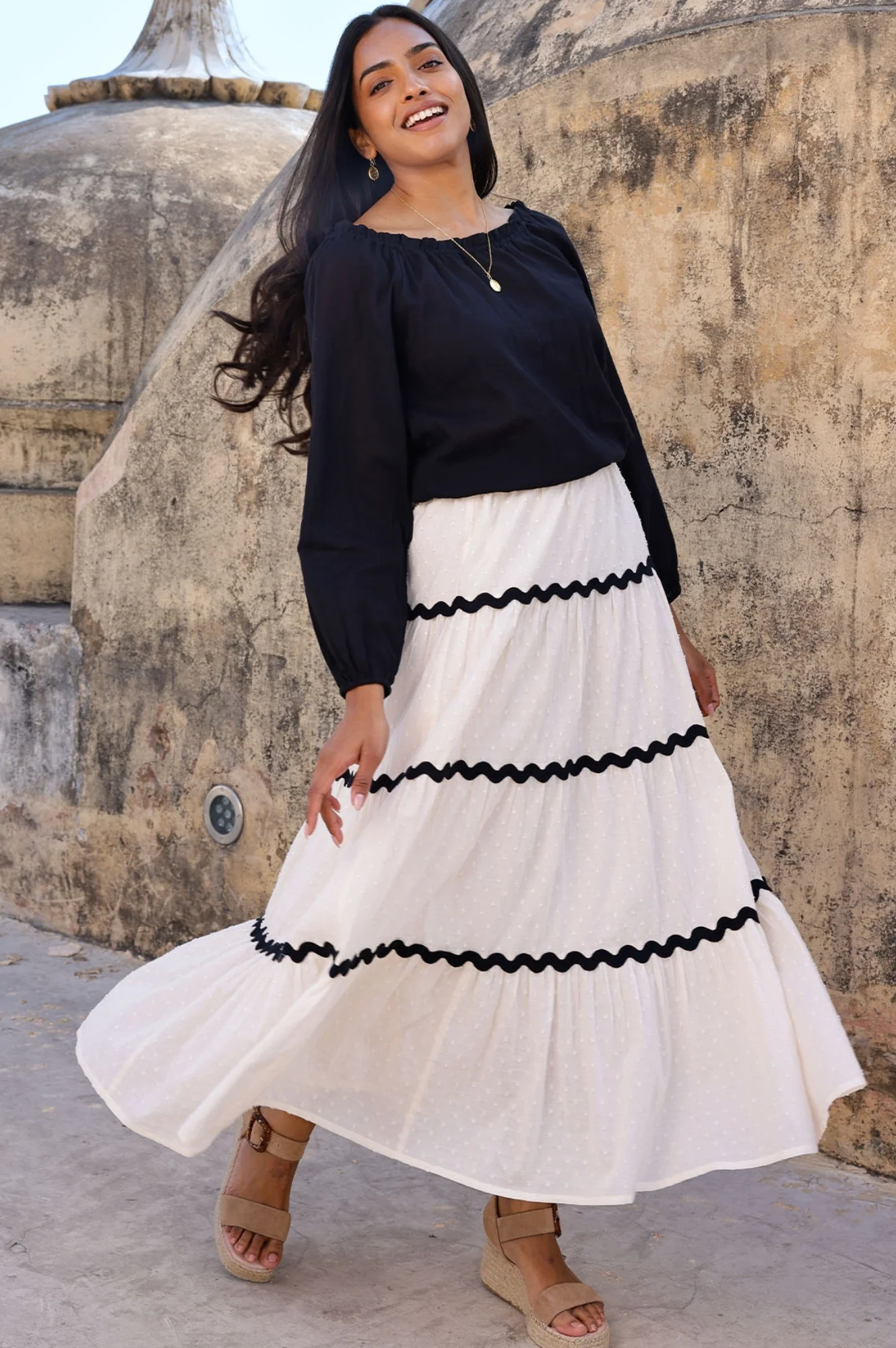 Ilana Long Sleeve Frill Gauze Top | Black