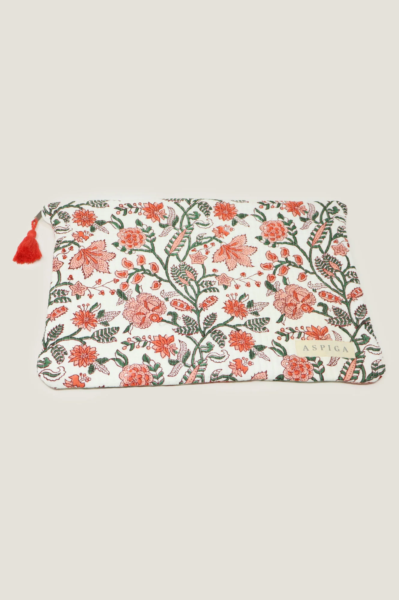Block Printed Organic Cotton Quilted Laptop Case | White/Pink/Green