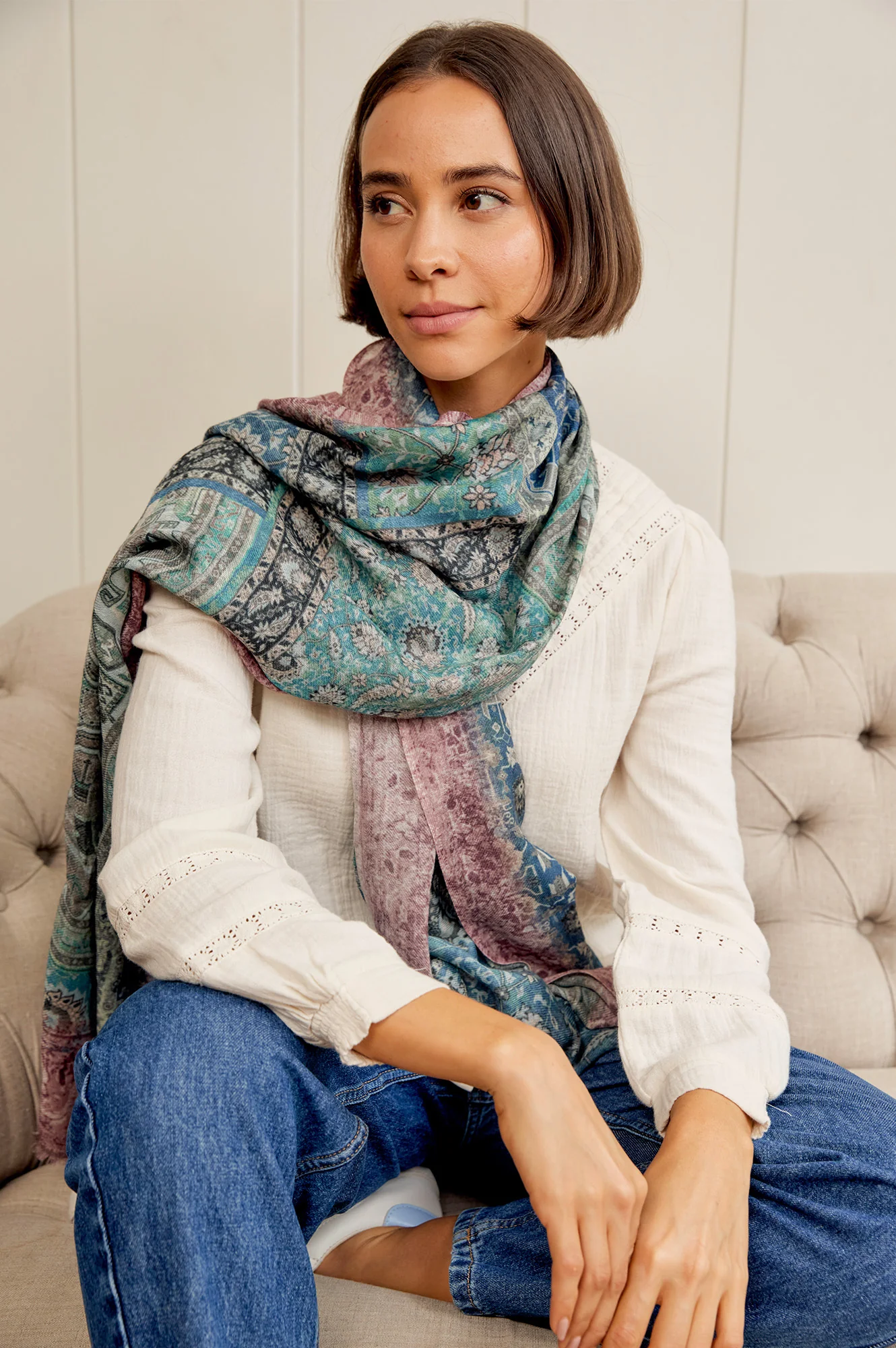 OMBRE Floral abstract scarf | Green/Beige