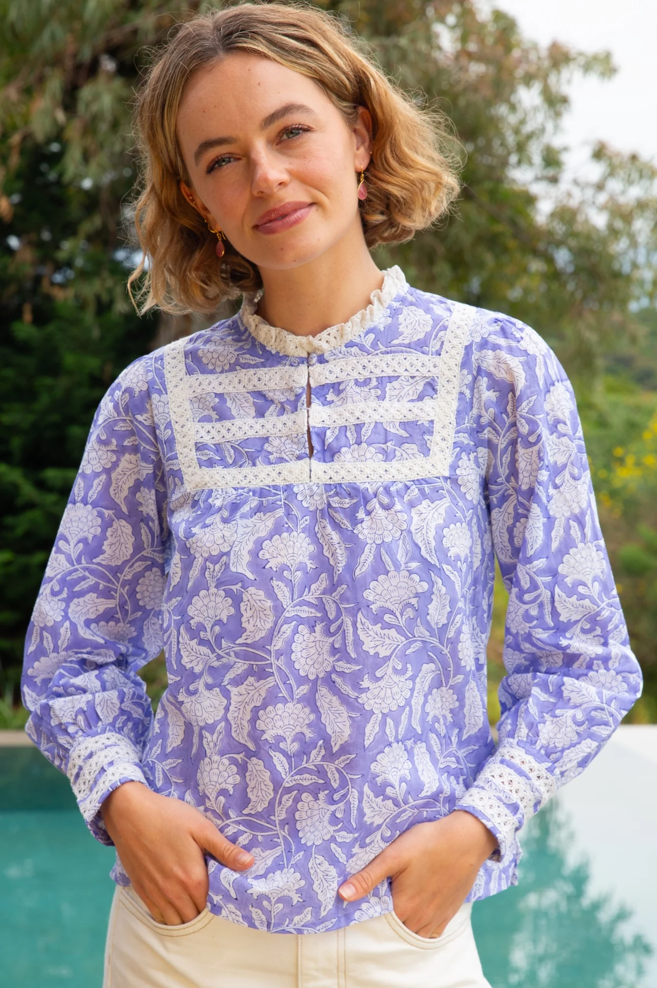 Margot Organic Cotton Block Print Blouse | Iris Blue/White