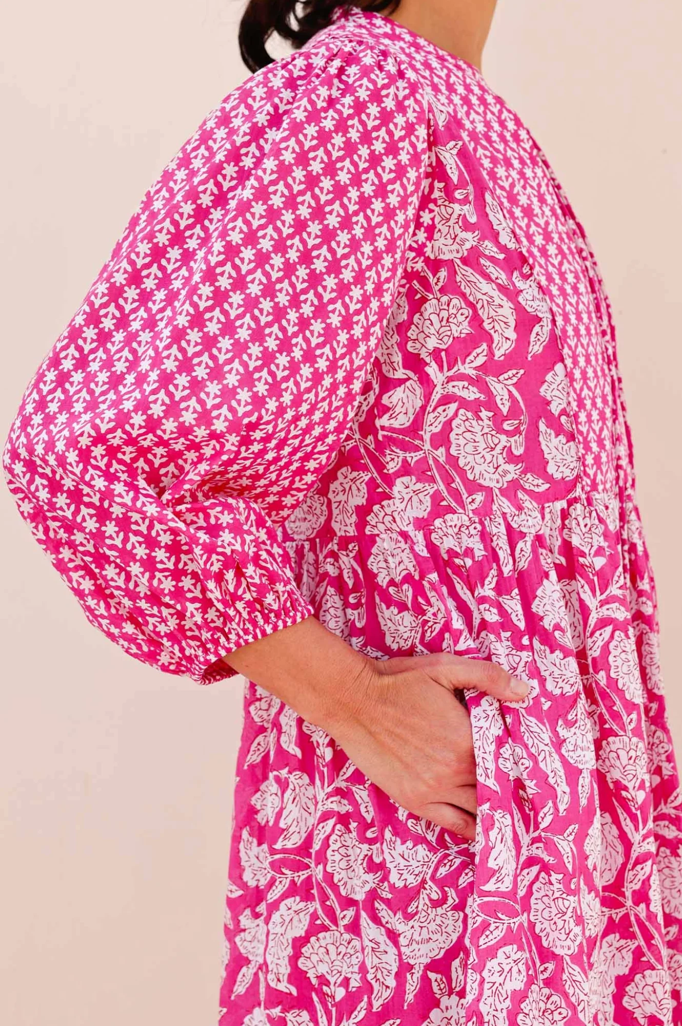Martha Organic Cotton Mix Print Dress | Dianthus Print Pink/White