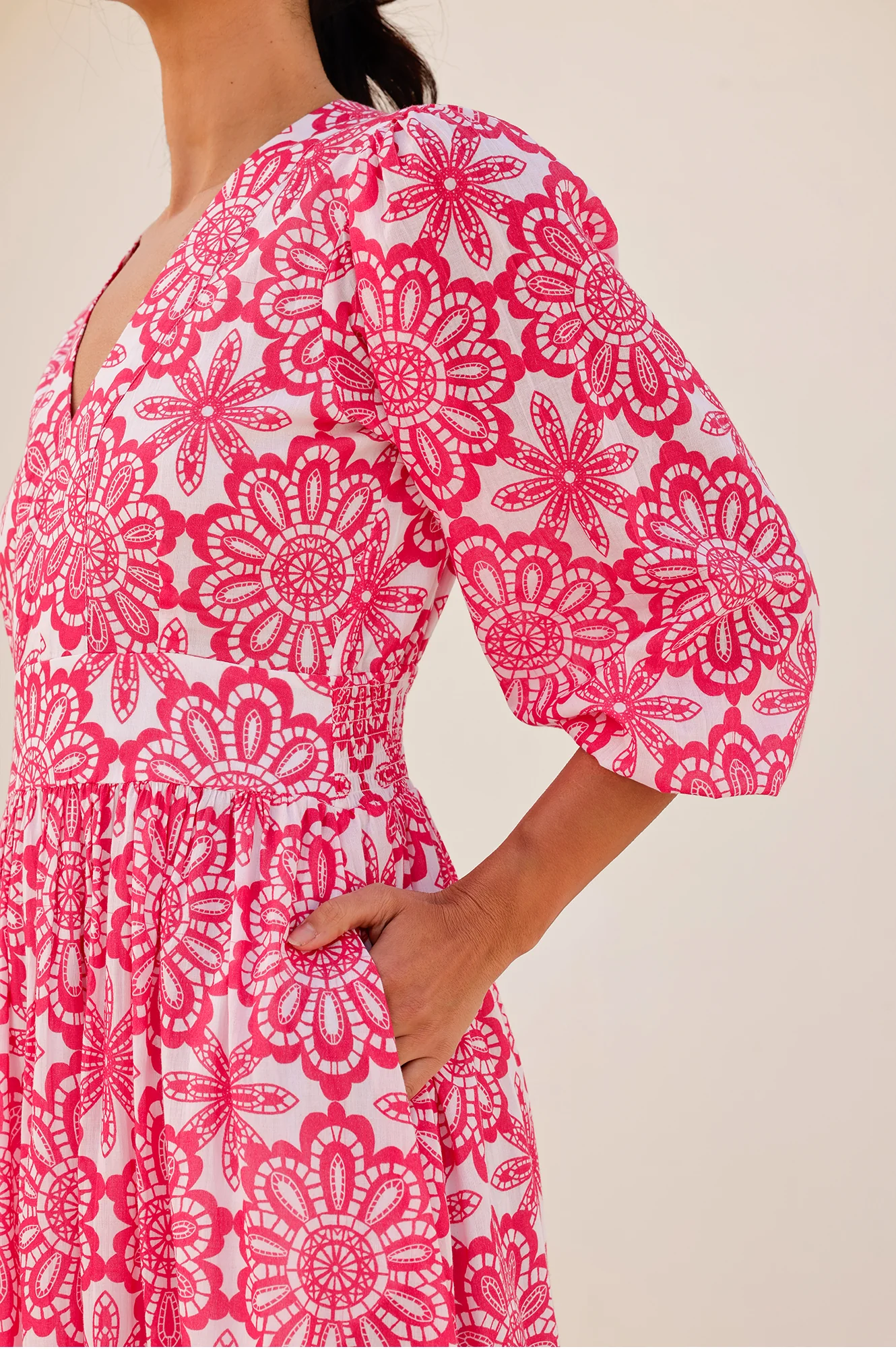 Annie Maxi Organic Cotton Dress | Lace Floral White/Pink