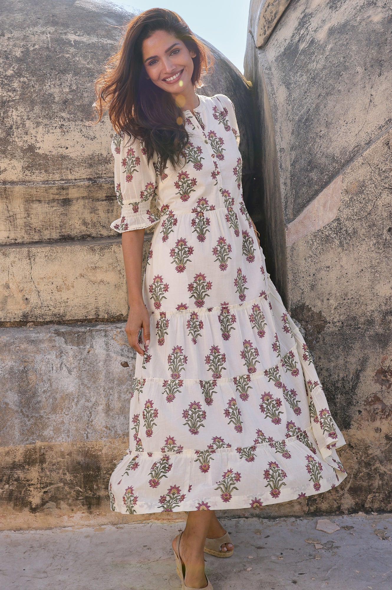 Cordelia Organic Cotton Block Print Dress | Antique Wildflower Cream/Red/Green