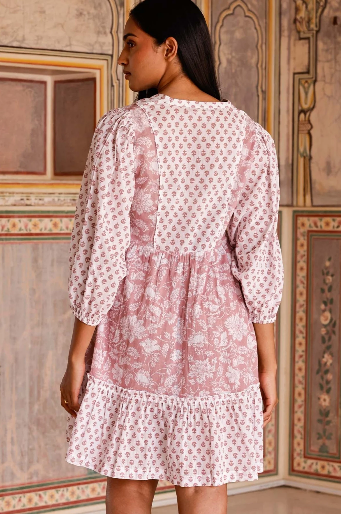 Marina Organic Cotton Print Mix Dress | Blossom Print Dusty Pink/White