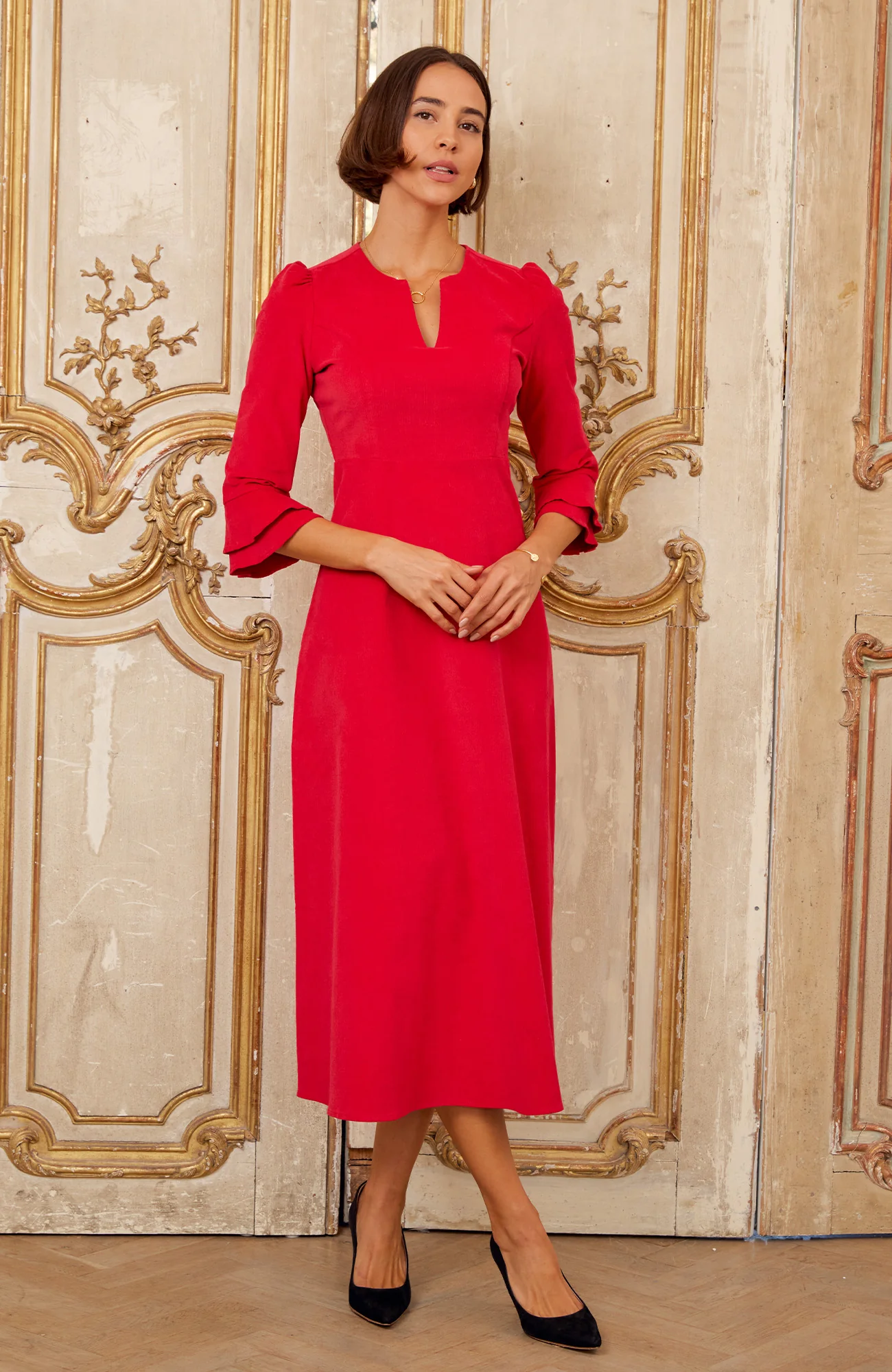 Jocelyn V-Neck 3/4 Sleeve Stretch Corduroy Dress | Red
