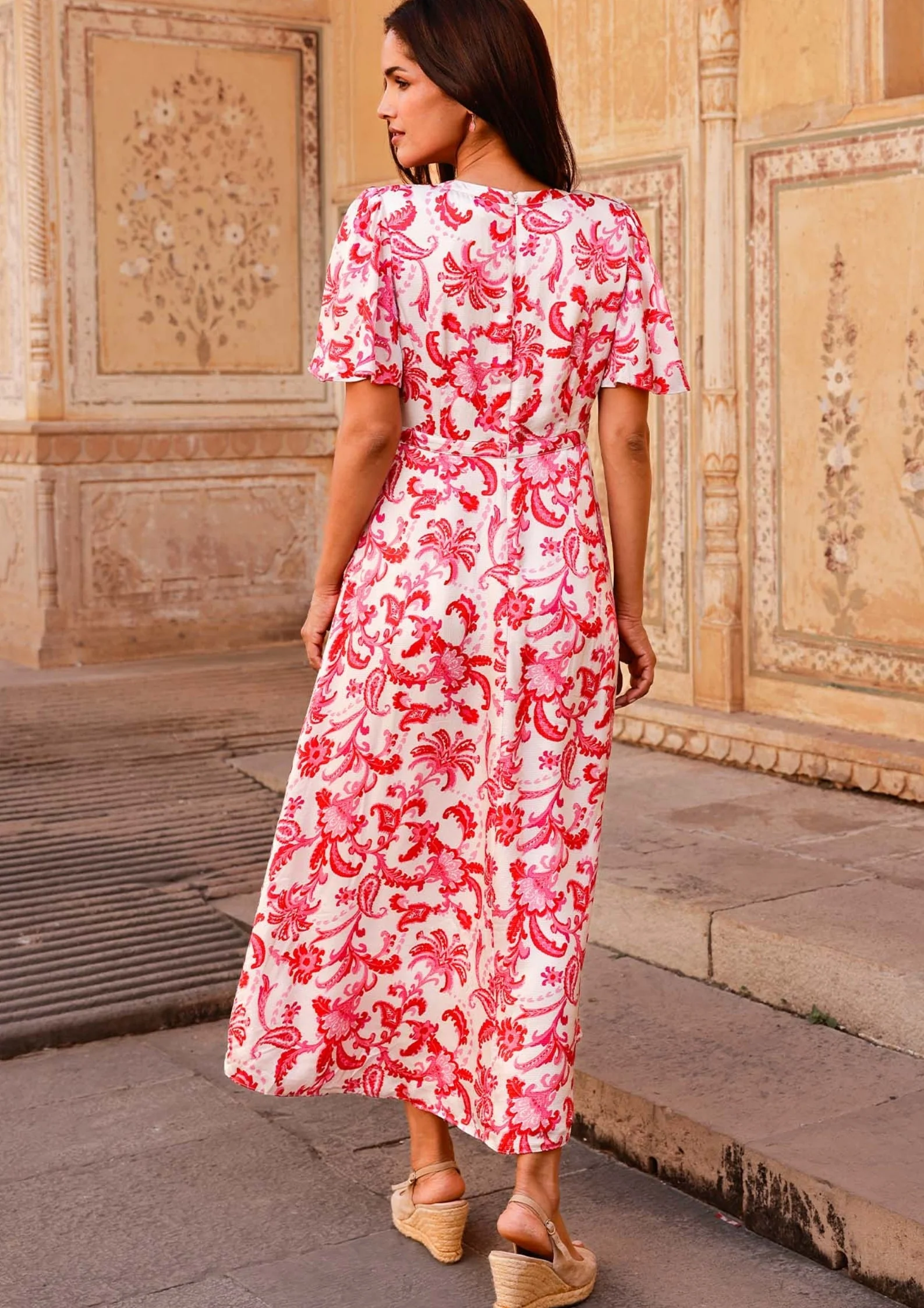 Anais Hammered Satin Dress | Paisley Floral Cream/Red/Pink