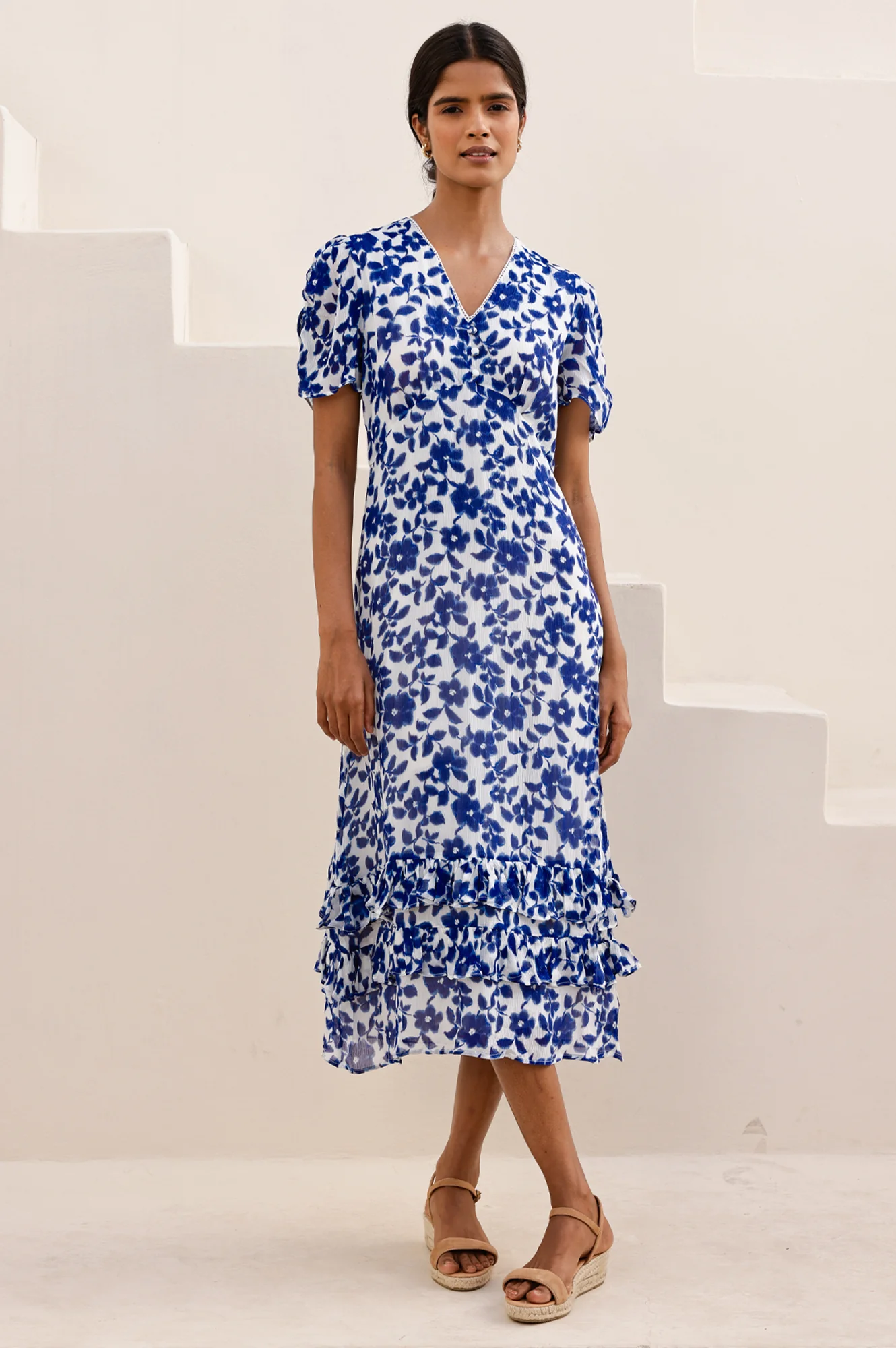 Ellery Viscose Wedding Guest Dress | Blossom Cream/Navy