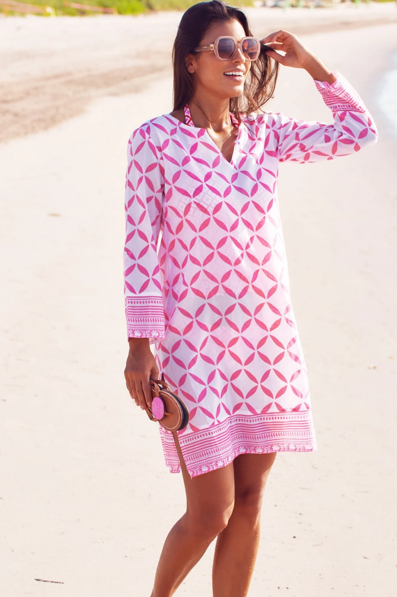 Guadalupe Short Organic Cotton Tunic | Shibori White/Pink
