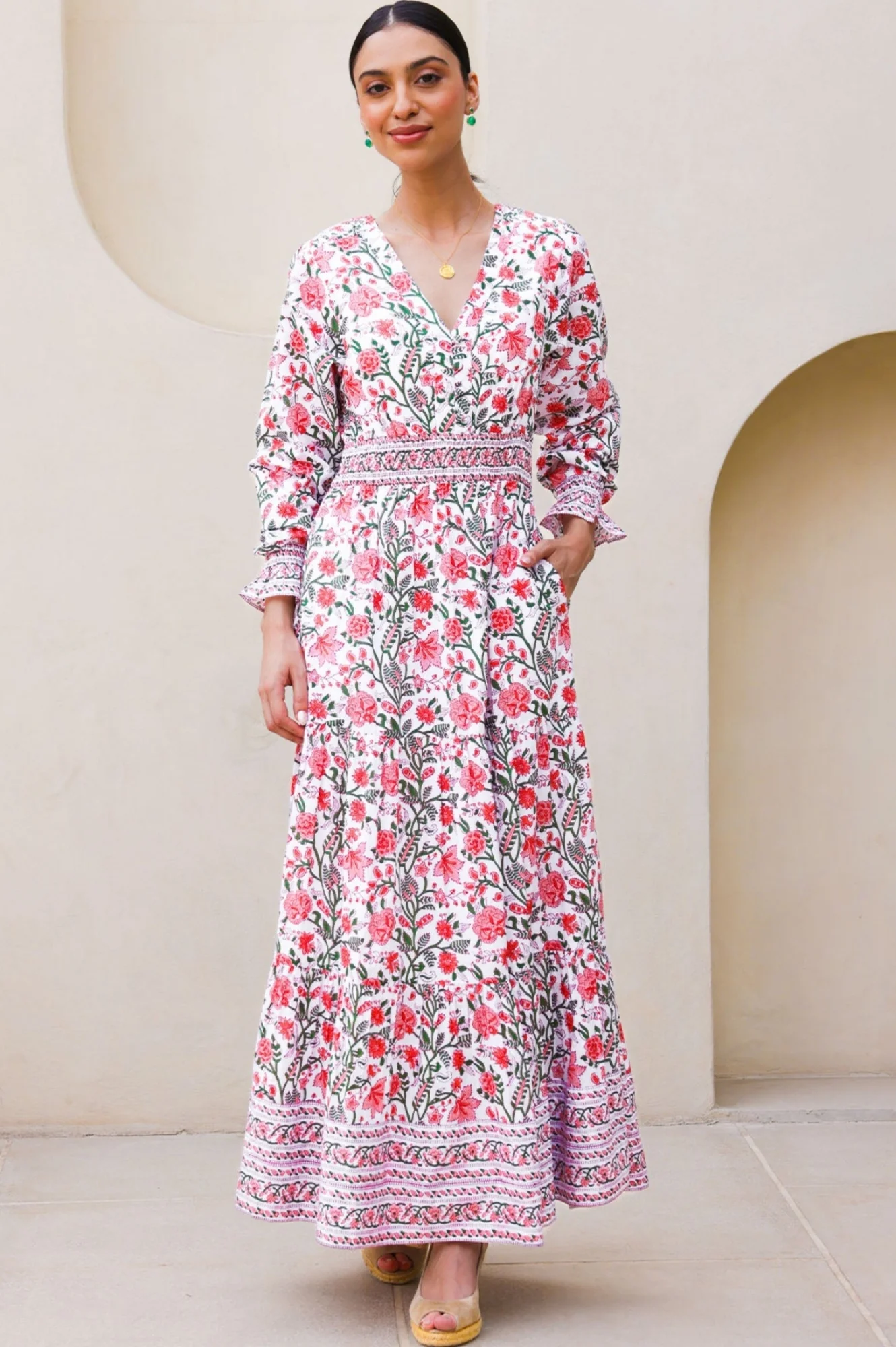 Billie Organic Cotton Block Print Dress | Gardenia Pink/Green