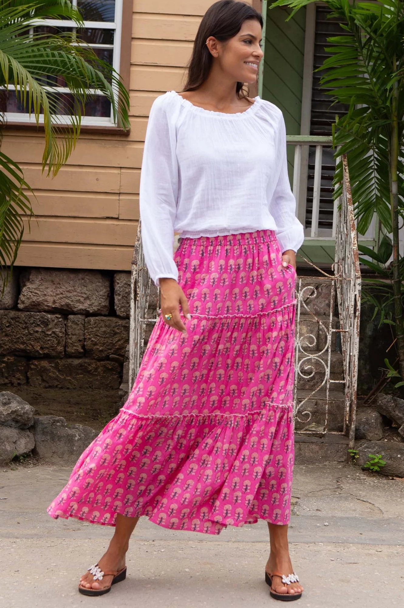 Ilana Long Sleeve Frill Organic Cotton Gauze Top | White