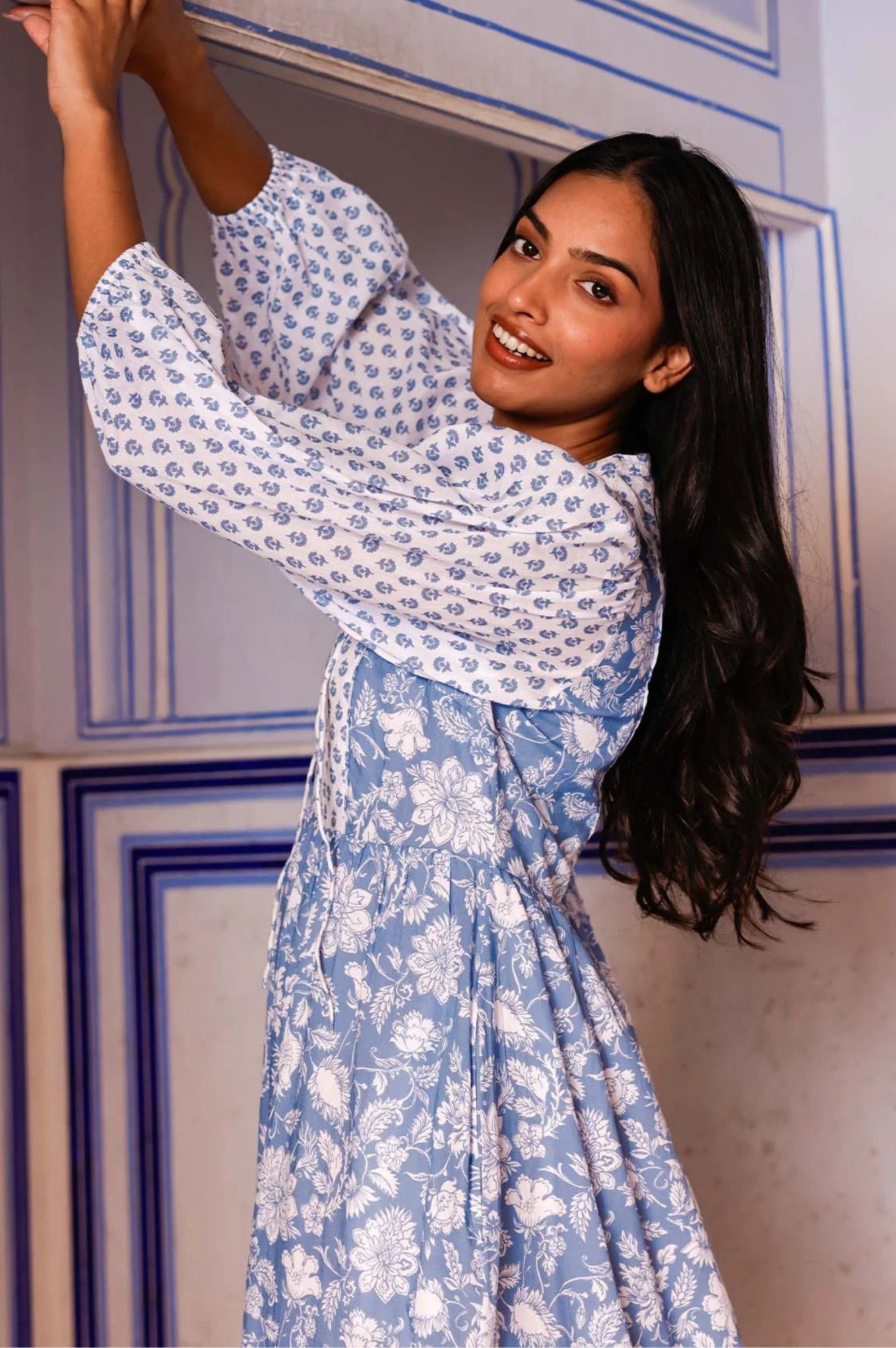 Martha Organic Cotton Print Mix Dress | Blossom Print Blue/White