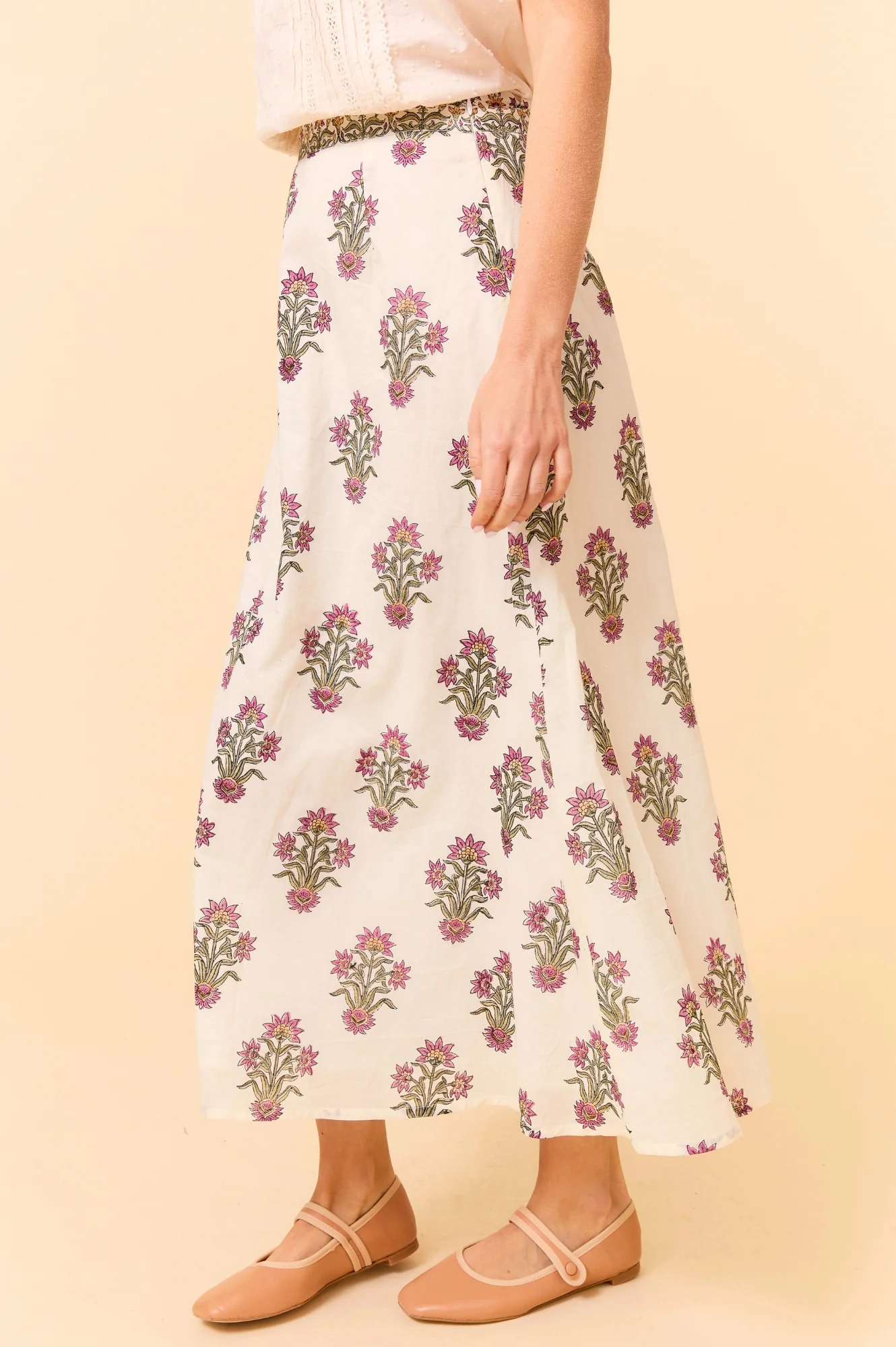 Neve Organic Cotton Block Print Skirt | Antique Wildflower Cream/Red/Green